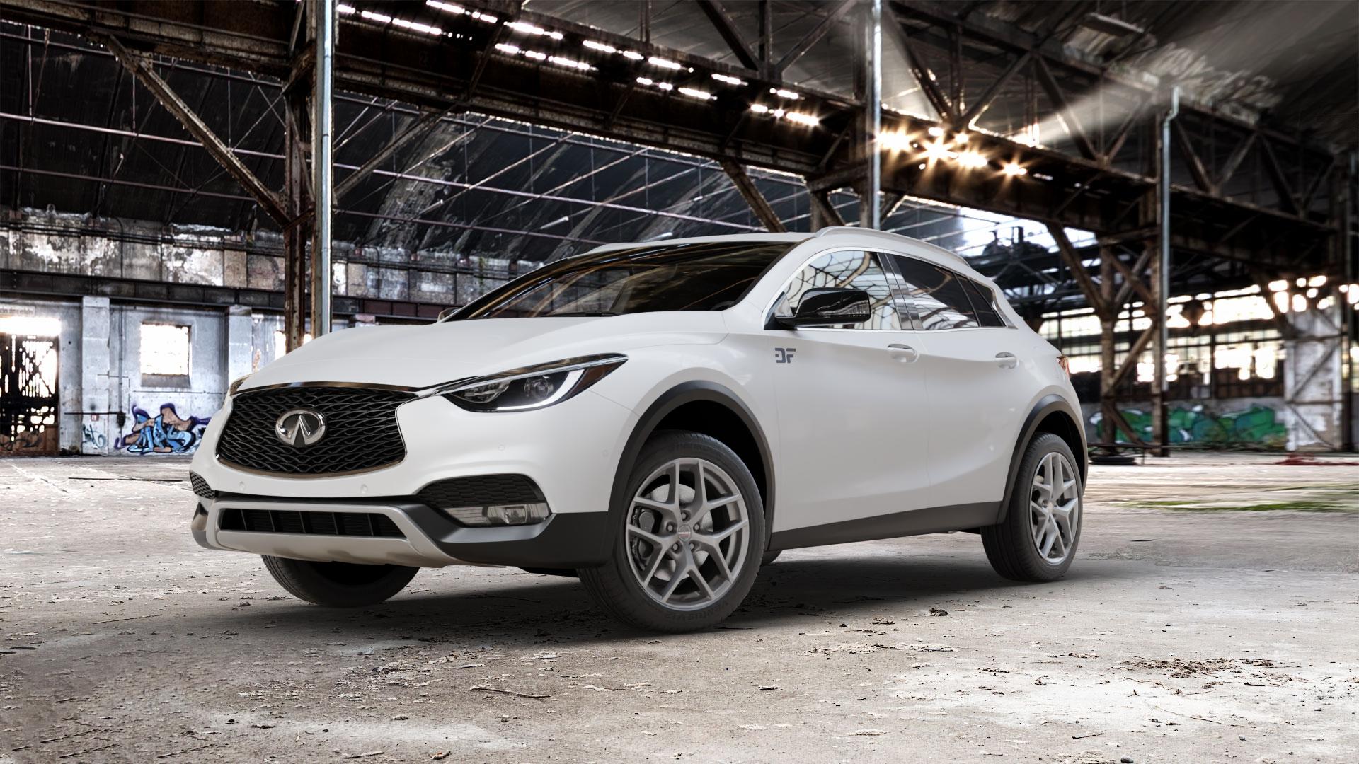 Borbet Y titan matt Felge mit Reifen grau in 18Zoll Winterfelge Alufelge auf weissem Infiniti QX30 ⬇️ mit 15mm Tieferlegung ⬇️ Old Industrial Hall_max_5300mm_2024 Frontansicht_1