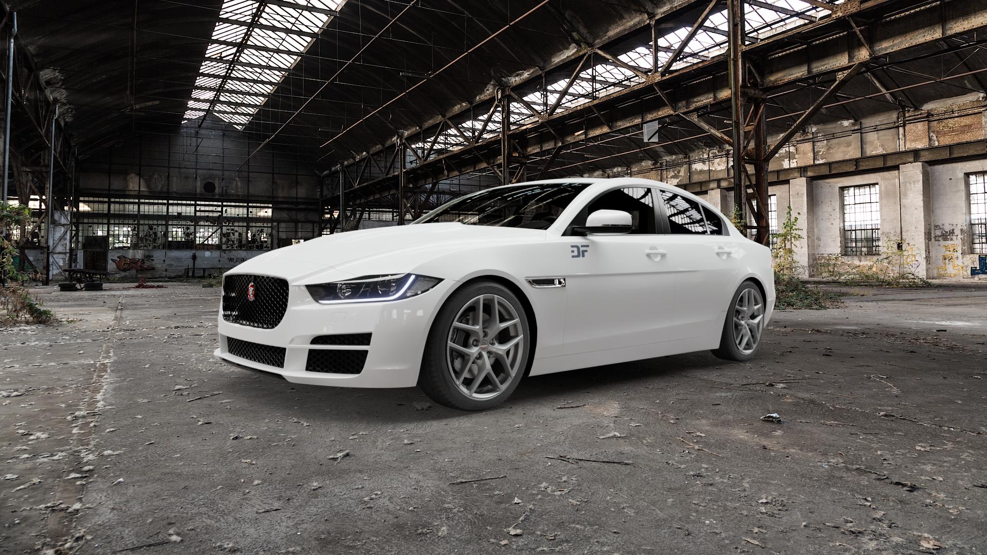 Borbet Y titan matt Felge mit Reifen grau in 18Zoll Winterfelge Alufelge auf weissem Jaguar XE Typ JA ⬇️ mit 15mm Tieferlegung ⬇️ Old Industrial Hall_max5000mm_2022 Frontansicht_1