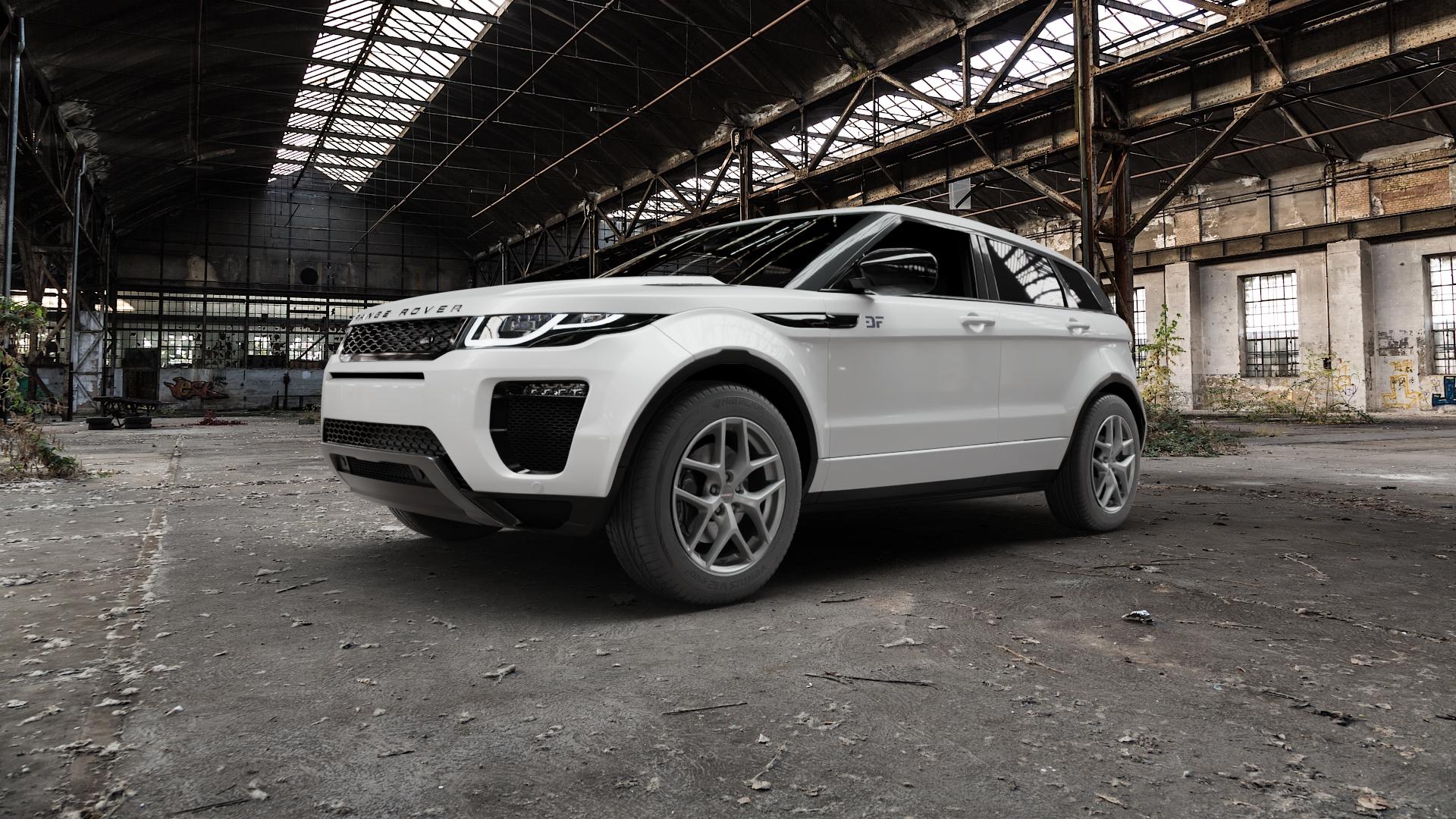 Borbet Y titan matt Felge mit Reifen grau in 18Zoll Winterfelge Alufelge auf weissem Land Rover Range Evoque Typ LV Facelift ⬇️ mit 15mm Tieferlegung ⬇️ Old Industrial Hall_max5000mm_2022 Frontansicht_1