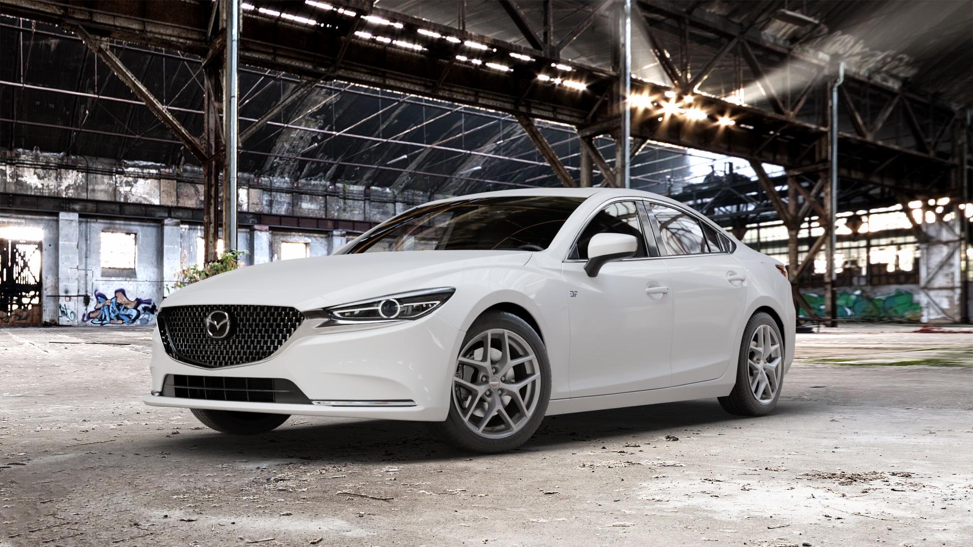 Borbet Y titan matt Felge mit Reifen grau in 18Zoll Winterfelge Alufelge auf weissem Mazda 6 III (18-) Limousine (GH) Facelift ⬇️ mit 15mm Tieferlegung ⬇️ Old Industrial Hall_max_5300mm_2024 Frontansicht_1