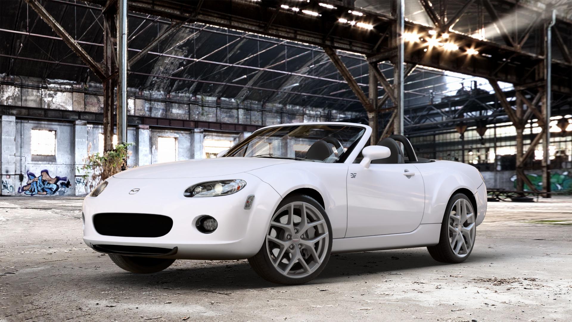 Borbet Y titan matt Felge mit Reifen grau in 18Zoll Winterfelge Alufelge auf weissem Mazda MX-5 III (NC) ⬇️ mit 15mm Tieferlegung ⬇️ Old Industrial Hall_max_4400mm_2024 Frontansicht_1