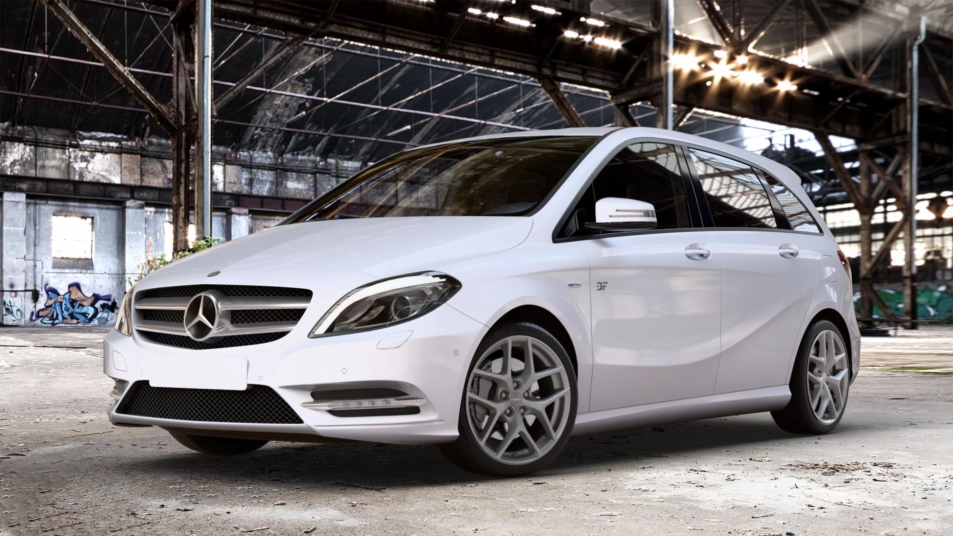 Borbet Y titan matt Felge mit Reifen grau in 18Zoll Winterfelge Alufelge auf weissem Mercedes B-Klasse Typ W246 ⬇️ mit 15mm Tieferlegung ⬇️ Old Industrial Hall_max_4400mm_2024 Frontansicht_1