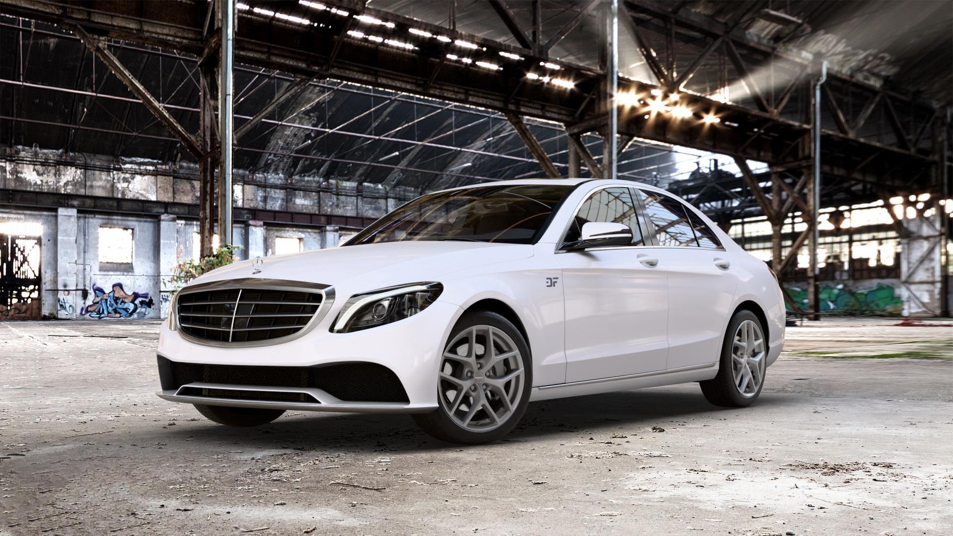 Borbet Y titan matt Felge mit Reifen grau in 18Zoll Winterfelge Alufelge auf weissem Mercedes C-Klasse Typ W205 Limousine Facelift ⬇️ mit 15mm Tieferlegung ⬇️ Old Industrial Hall_max_5300mm_2024 Frontansicht_1