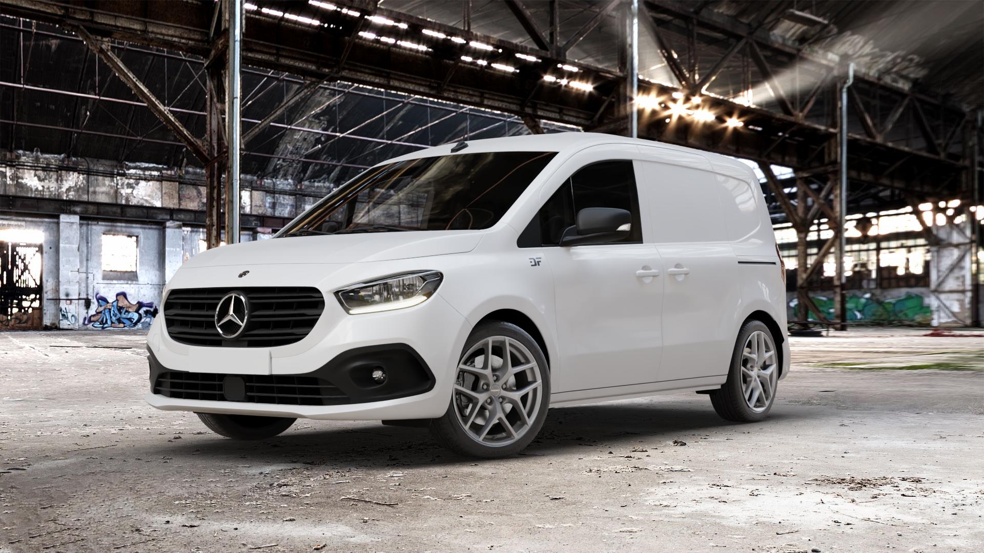 Borbet Y titan matt Felge mit Reifen grau in 18Zoll Winterfelge Alufelge auf weissem Mercedes Citan Kasten Typ W420 ⬇️ mit 15mm Tieferlegung ⬇️ Old Industrial Hall_max_5300mm_2024 Frontansicht_1