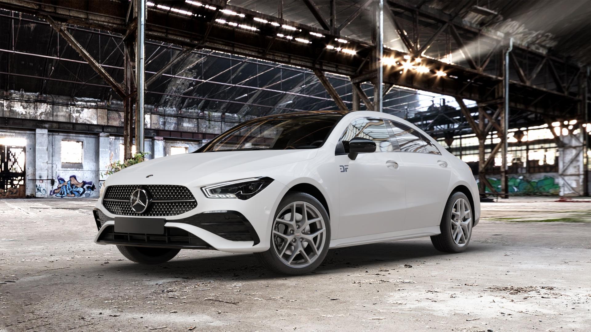 Borbet Y titan matt Felge mit Reifen grau in 18Zoll Winterfelge Alufelge auf weissem Mercedes CLA-Klasse II Typ C118 (F2CLA) Facelift ⬇️ mit 15mm Tieferlegung ⬇️ Old Industrial Hall_max_5300mm_2024 Frontansicht_1