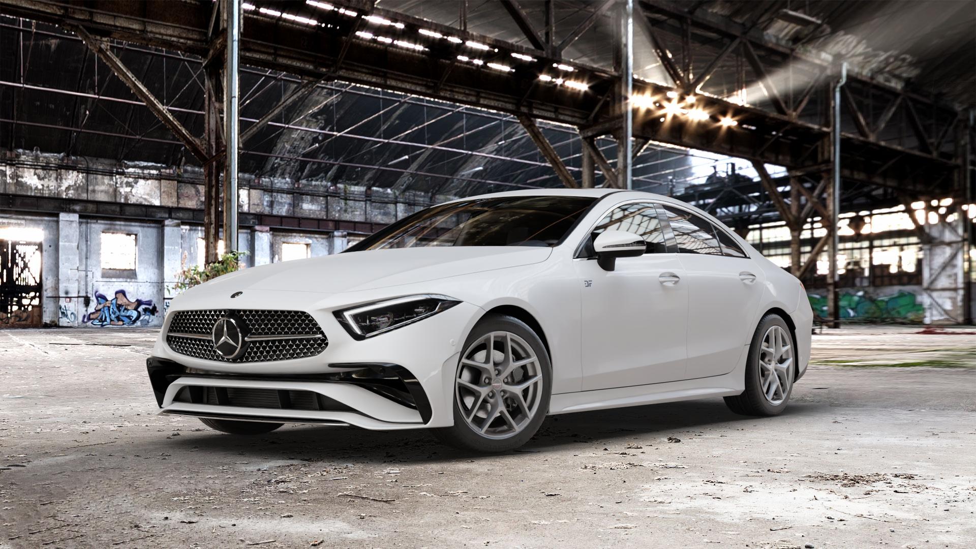 Borbet Y titan matt Felge mit Reifen grau in 18Zoll Winterfelge Alufelge auf weissem Mercedes CLS Typ C257 Facelift ⬇️ mit 15mm Tieferlegung ⬇️ Old Industrial Hall_max_5300mm_2024 Frontansicht_1