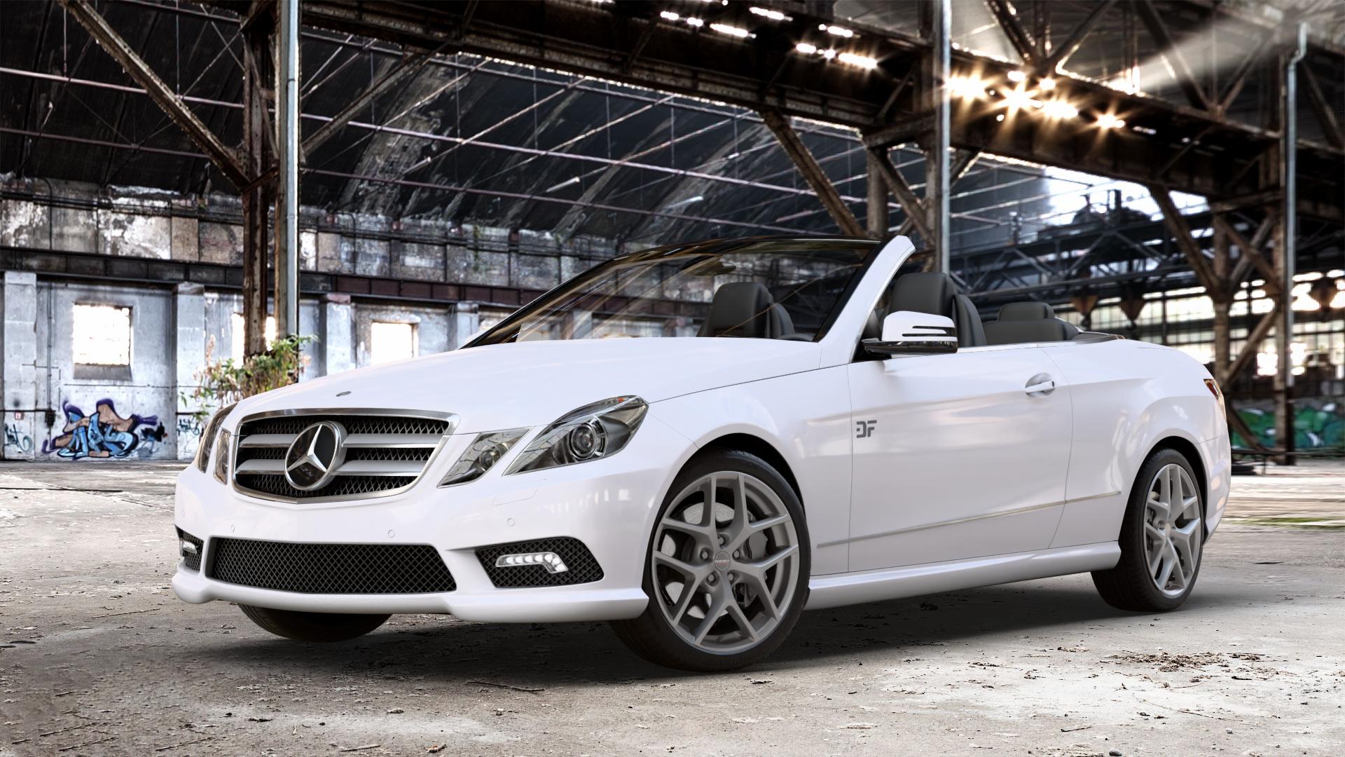 Borbet Y titan matt Felge mit Reifen grau in 18Zoll Winterfelge Alufelge auf weissem Mercedes E-Klasse Typ A207 Cabriolet ⬇️ mit 15mm Tieferlegung ⬇️ Old Industrial Hall_max_4400mm_2024 Frontansicht_1