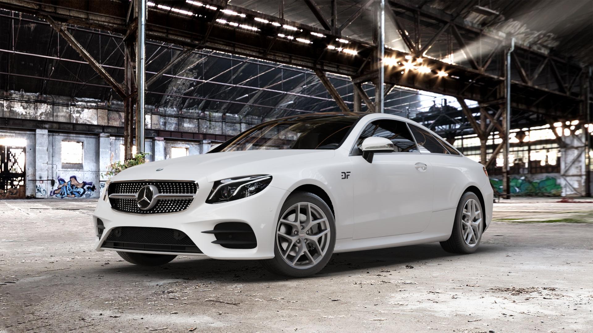 Borbet Y titan matt Felge mit Reifen grau in 18Zoll Winterfelge Alufelge auf weissem Mercedes E-Klasse Typ C238 Coupe (R1EC) ⬇️ mit 15mm Tieferlegung ⬇️ Old Industrial Hall_max_5300mm_2024 Frontansicht_1
