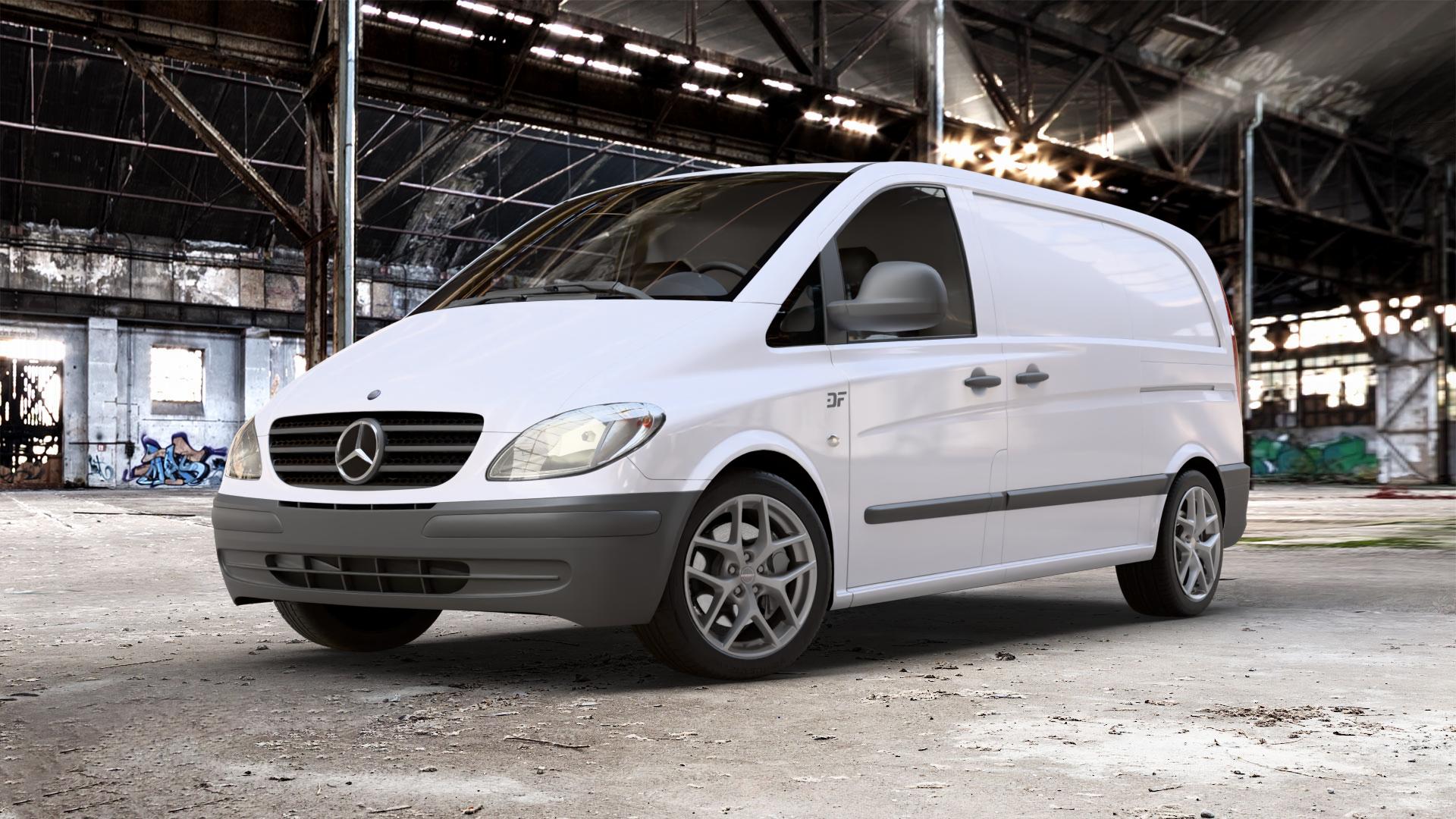 Borbet Y titan matt Felge mit Reifen grau in 18Zoll Winterfelge Alufelge auf weissem Mercedes Vito Kasten Typ 639 ⬇️ mit 15mm Tieferlegung ⬇️ Old Industrial Hall_max_5300mm_2024 Frontansicht_1
