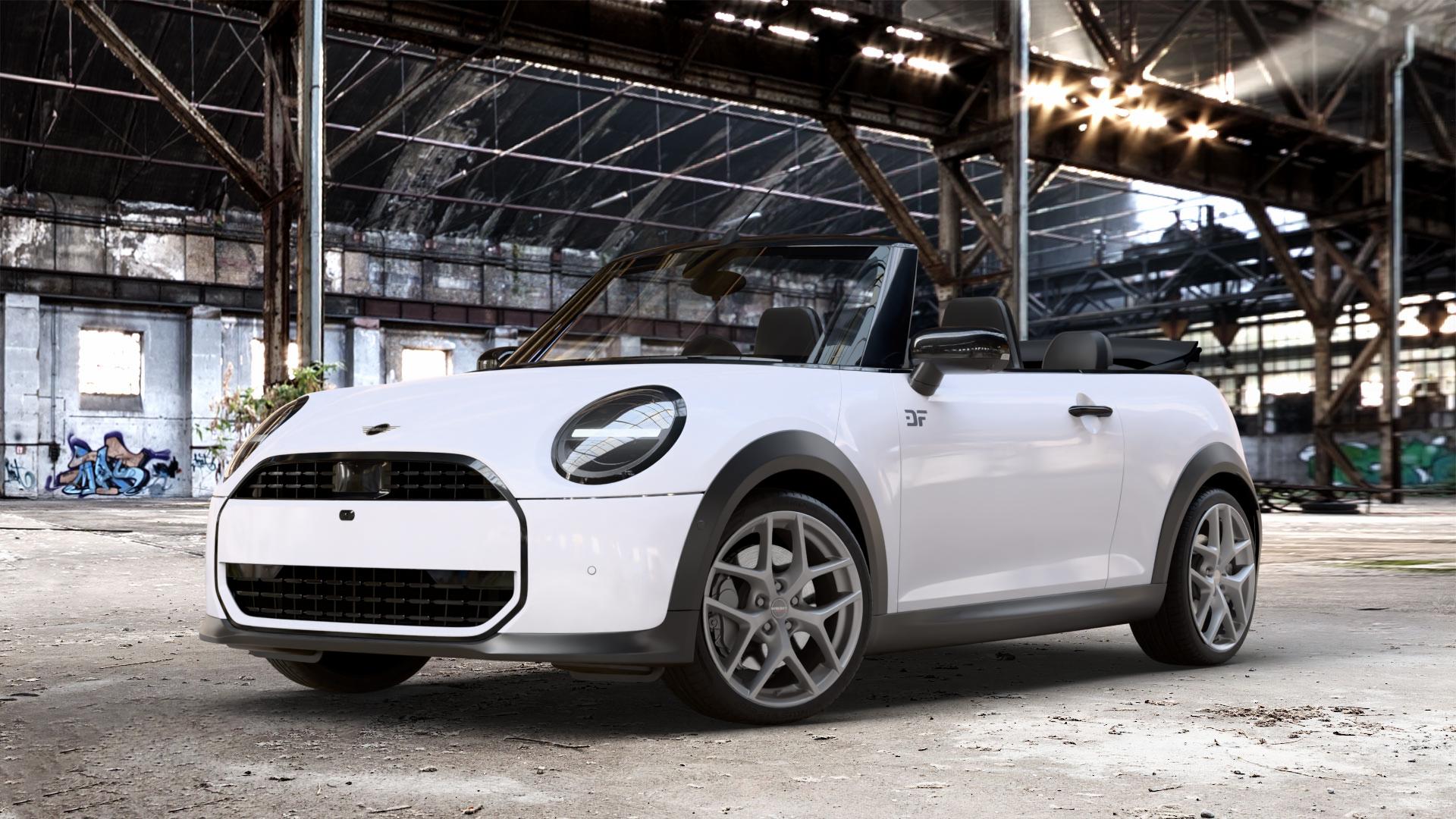 Borbet Y titan matt Felge mit Reifen grau in 18Zoll Winterfelge Alufelge auf weissem Mini F67 Typ FM6 (Cabrio) 2,0l Cooper 120kW (163 PS) S 150kW (204 JCW 170kW (231 ⬇️ mit 15mm Tieferlegung ⬇️ Old Industrial Hall_max_4400mm_2024 Frontansicht_1