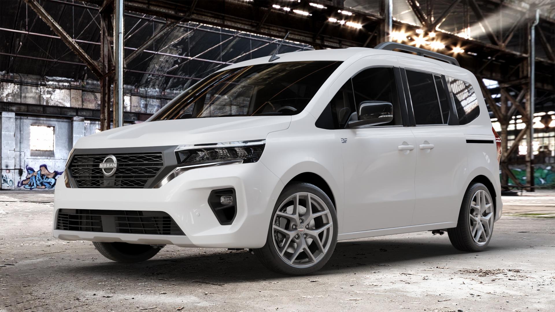 Borbet Y titan matt Felge mit Reifen grau in 18Zoll Winterfelge Alufelge auf weissem Nissan Townstar Typ NFK ⬇️ mit 15mm Tieferlegung ⬇️ Old Industrial Hall_max_4400mm_2024 Frontansicht_1