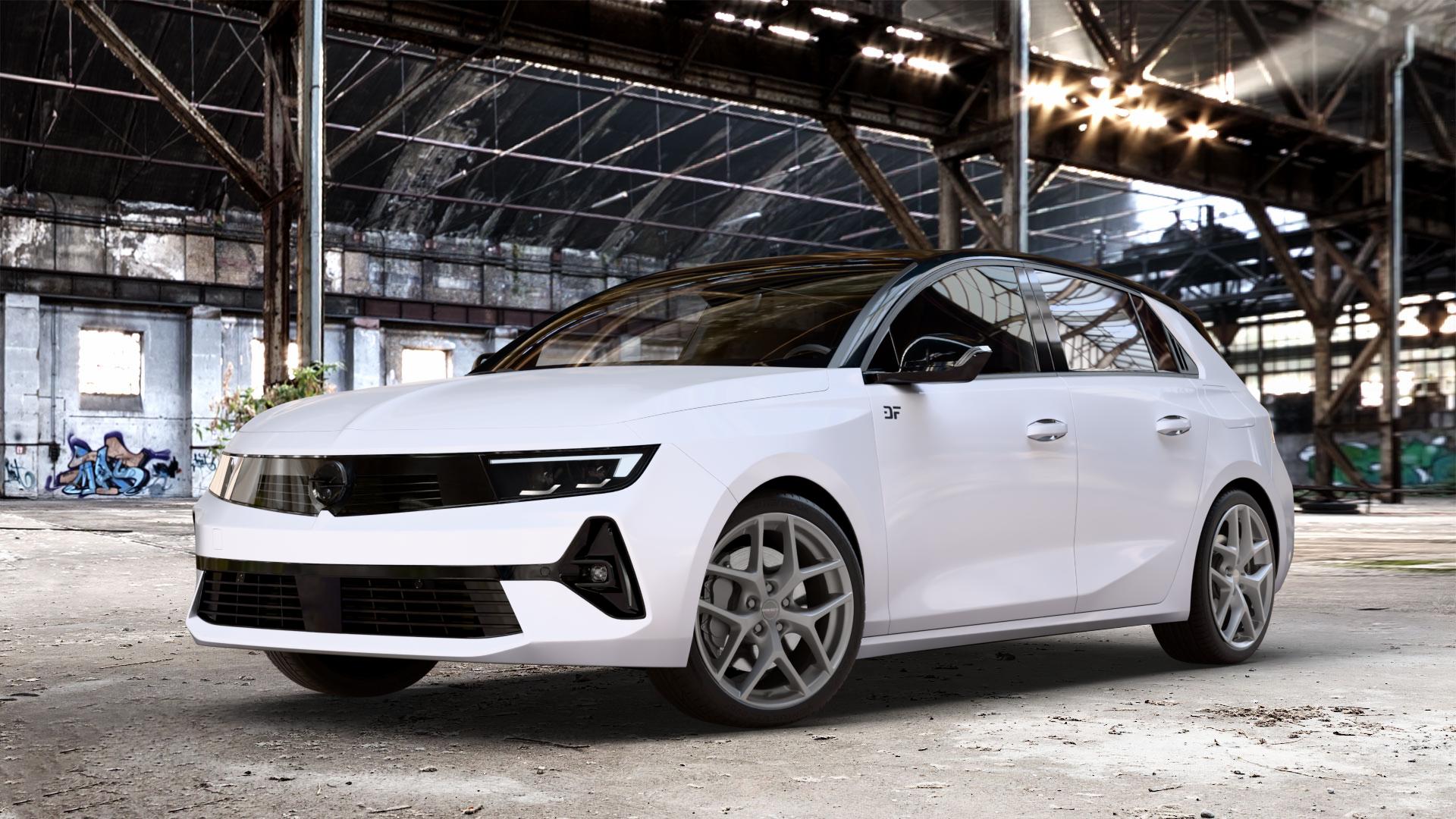 Borbet Y titan matt Felge mit Reifen grau in 18Zoll Winterfelge Alufelge auf weissem Opel Astra L Typ F Facelift ⬇️ mit 15mm Tieferlegung ⬇️ Old Industrial Hall_max_4400mm_2024 Frontansicht_1