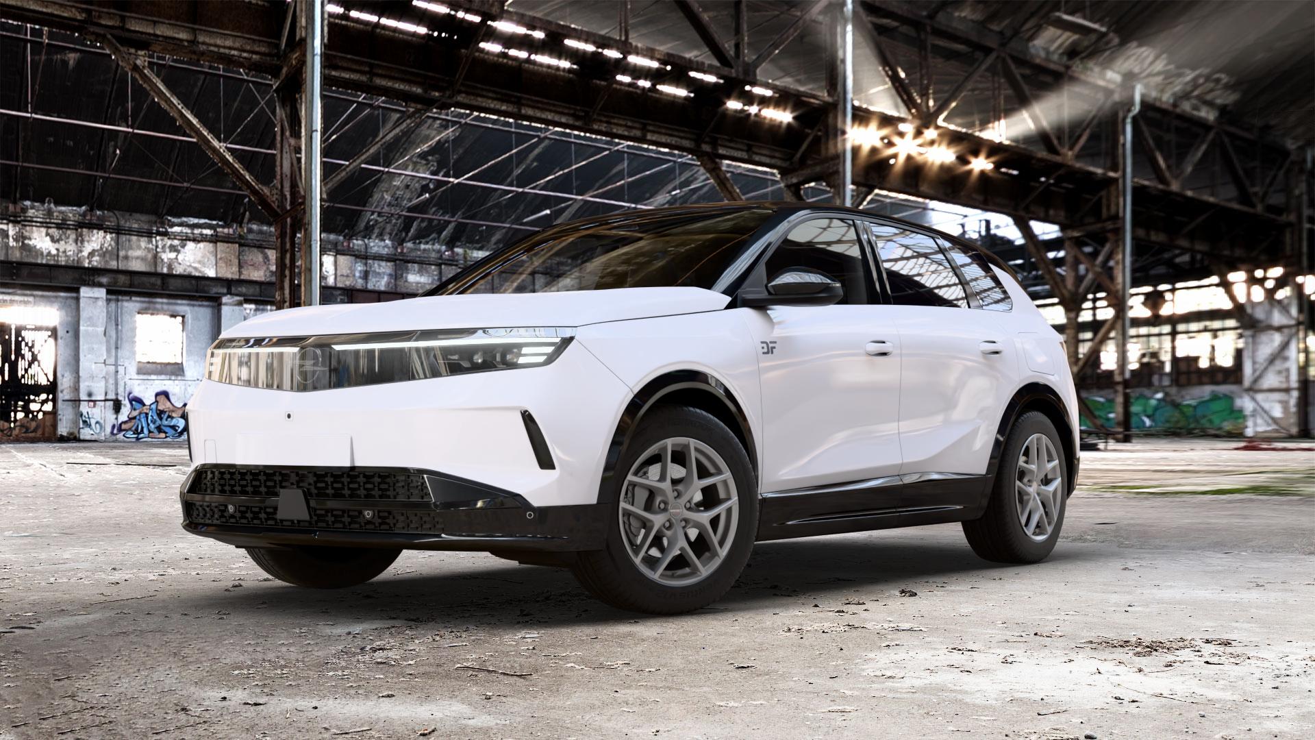 Borbet Y titan matt Felge mit Reifen grau in 18Zoll Winterfelge Alufelge auf weissem Opel Grandland 1,2l 100kW Mild-Hybrid (136 PS) 1,6l 110kW Hybrid (150 0,0l E 104kW Elektro (141 105kW (143 137kW (186 ⬇️ mit 15mm Tieferlegung ⬇️ Old Industrial Hall_max_5300mm_2024 Frontansicht_1