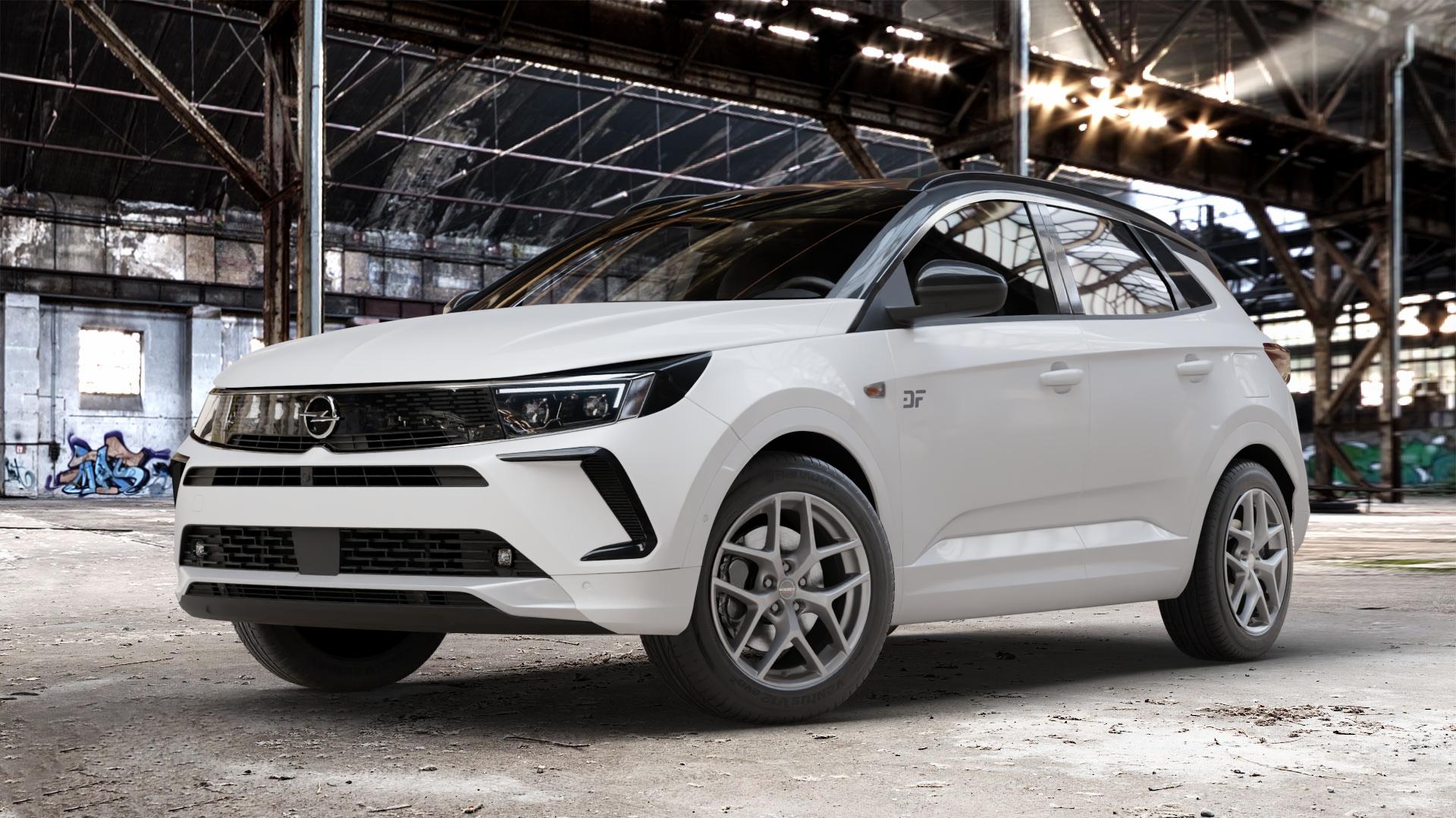 Borbet Y titan matt Felge mit Reifen grau in 18Zoll Winterfelge Alufelge auf weissem Opel Grandland Typ Z Facelift ⬇️ mit 15mm Tieferlegung ⬇️ Old Industrial Hall_max_4400mm_2024 Frontansicht_1