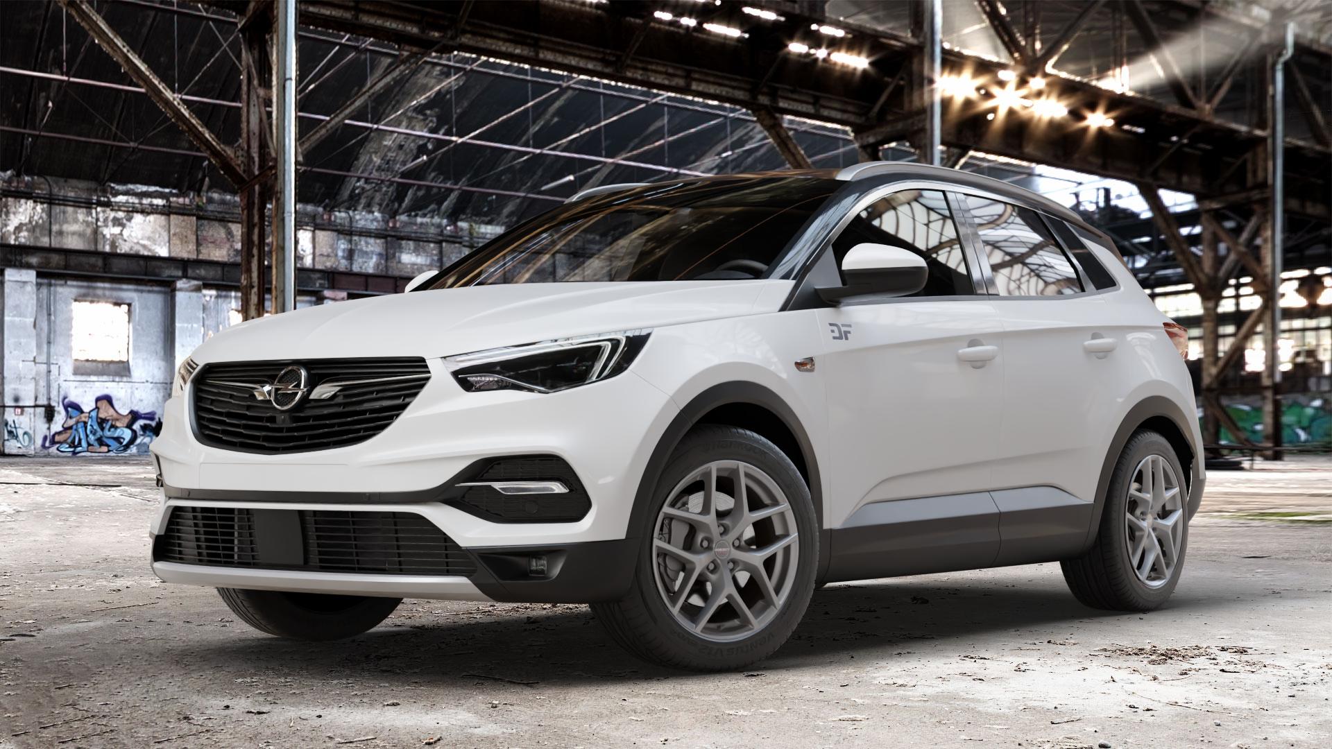 Borbet Y titan matt Felge mit Reifen grau in 18Zoll Winterfelge Alufelge auf weissem Opel Grandland X Typ Z 1,6l Turbo 147kW Hybrid AWD (200 PS) ⬇️ mit 15mm Tieferlegung ⬇️ Old Industrial Hall_max_4400mm_2024 Frontansicht_1