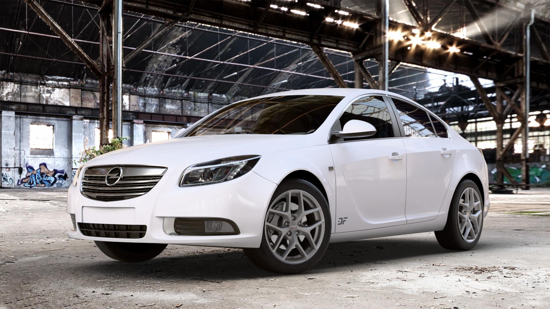 Borbet Y titan matt Felge mit Reifen grau in 18Zoll Winterfelge Alufelge auf weissem Opel Insignia I Stufenheck Fließheck Facelift ⬇️ mit 15mm Tieferlegung ⬇️ Old Industrial Hall_max_4400mm_2024 Frontansicht_1