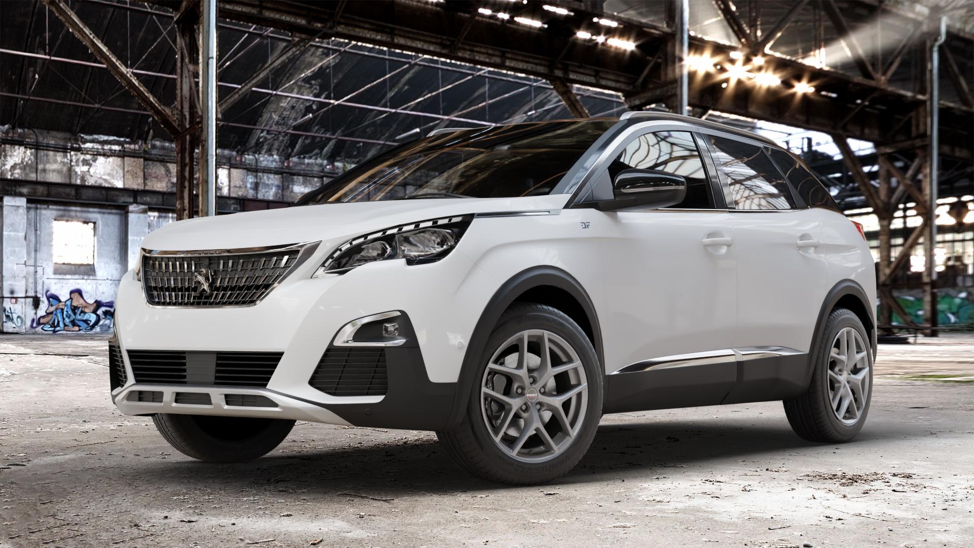 Borbet Y titan matt Felge mit Reifen grau in 18Zoll Winterfelge Alufelge auf weissem Peugeot 3008 II Typ M ⬇️ mit 15mm Tieferlegung ⬇️ Old Industrial Hall_max_4400mm_2024 Frontansicht_1