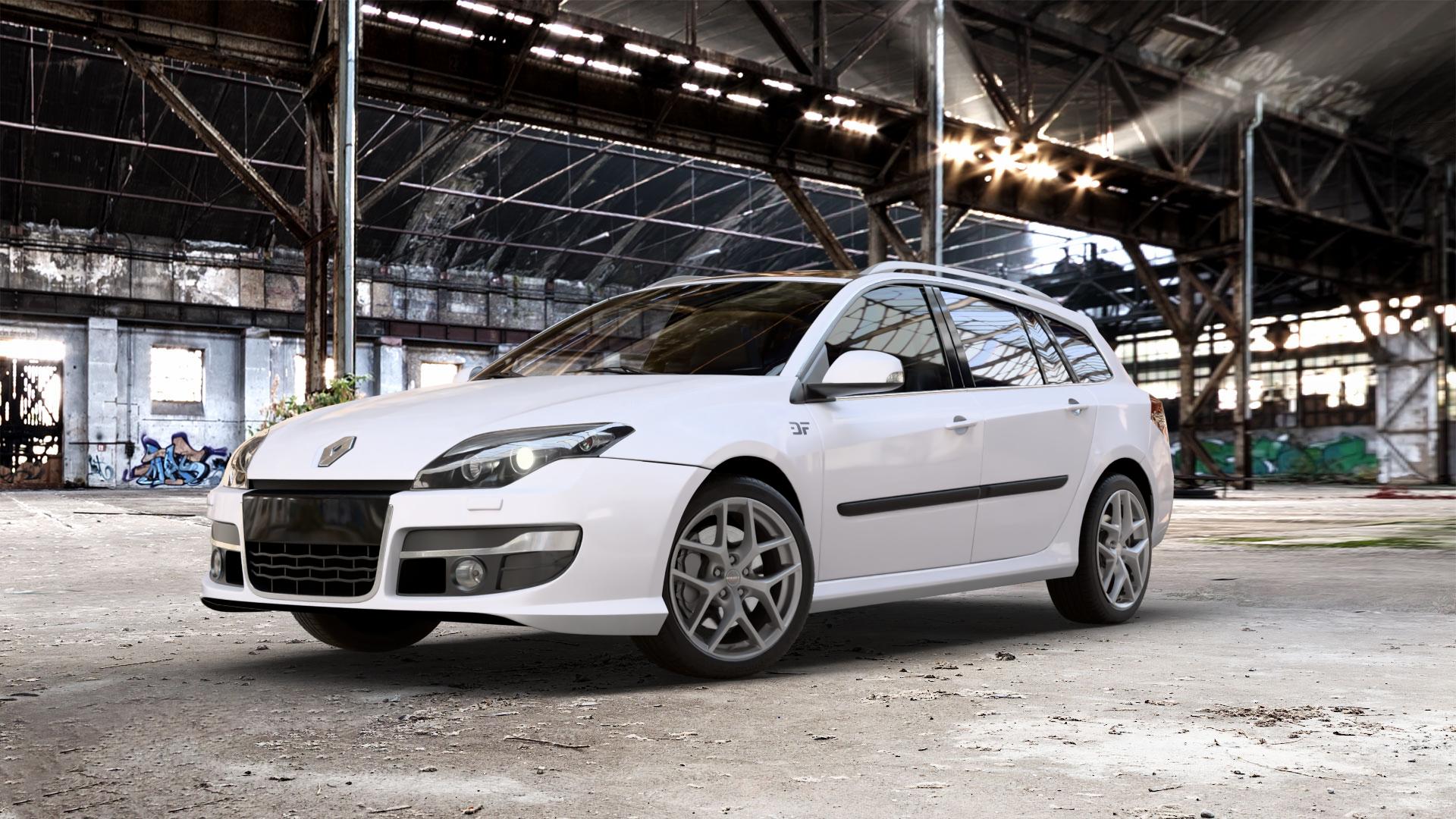 Borbet Y titan matt Felge mit Reifen grau in 18Zoll Winterfelge Alufelge auf weissem Renault Laguna III Grandtour Typ T ⬇️ mit 15mm Tieferlegung ⬇️ Old Industrial Hall_max_5300mm_2024 Frontansicht_1