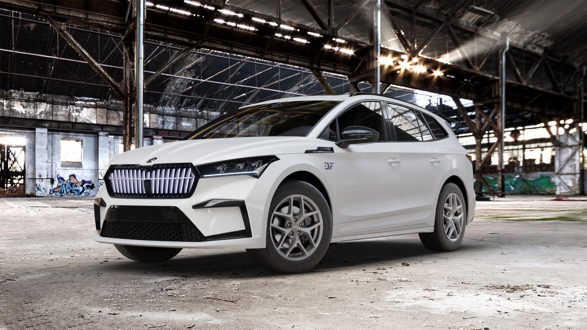 Borbet Y titan matt Felge mit Reifen grau in 18Zoll Winterfelge Alufelge auf weissem Skoda Enyaq iV Typ NY 0,0l 70kW 80 (95 PS) 50 77kW 80x (105 60 ⬇️ mit 15mm Tieferlegung ⬇️ Old Industrial Hall_max_5300mm_2024 Frontansicht_1
