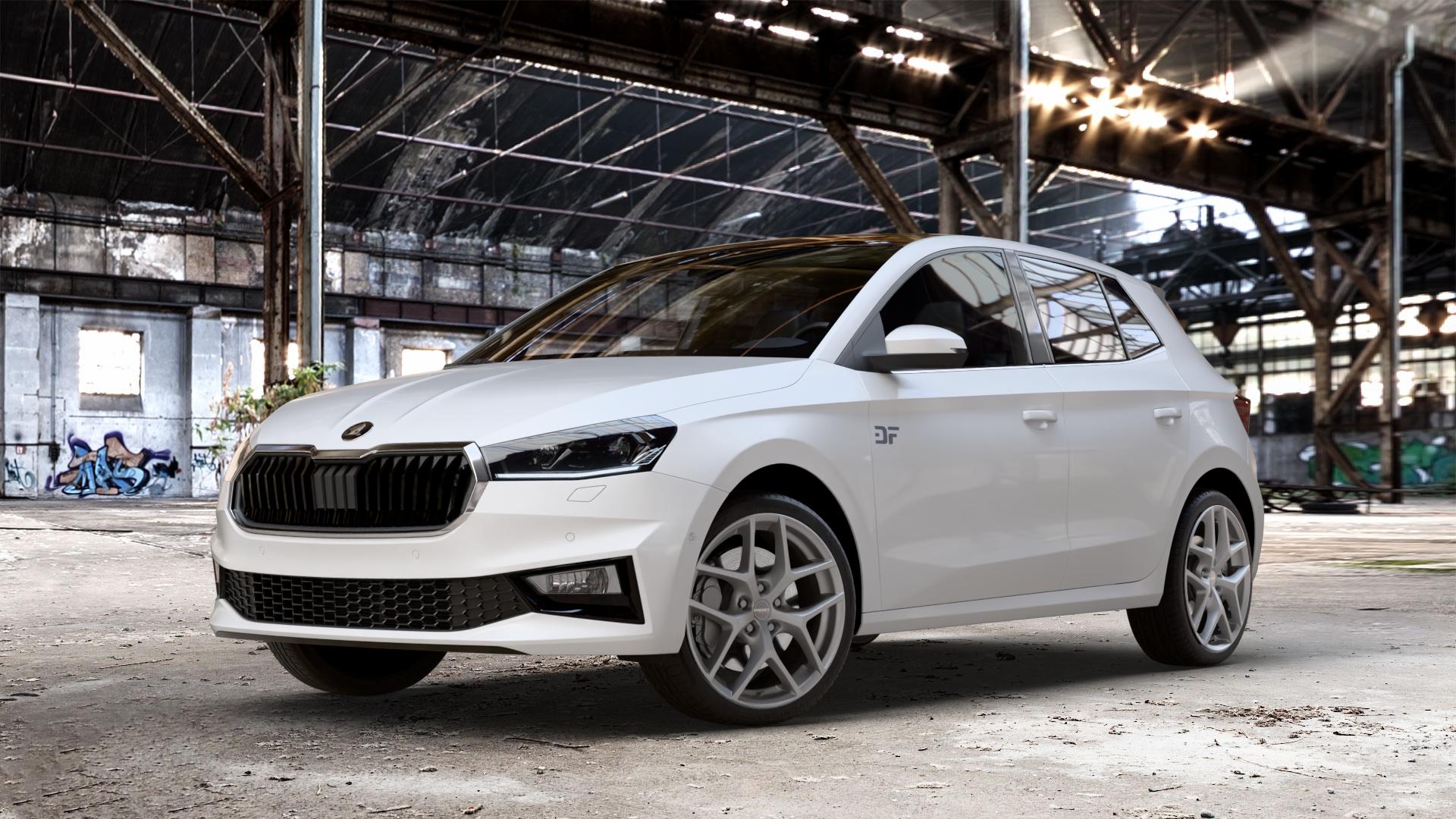 Borbet Y titan matt Felge mit Reifen grau in 18Zoll Winterfelge Alufelge auf weissem Skoda Fabia IV Typ PJ ⬇️ mit 15mm Tieferlegung ⬇️ Old Industrial Hall_max_4400mm_2024 Frontansicht_1