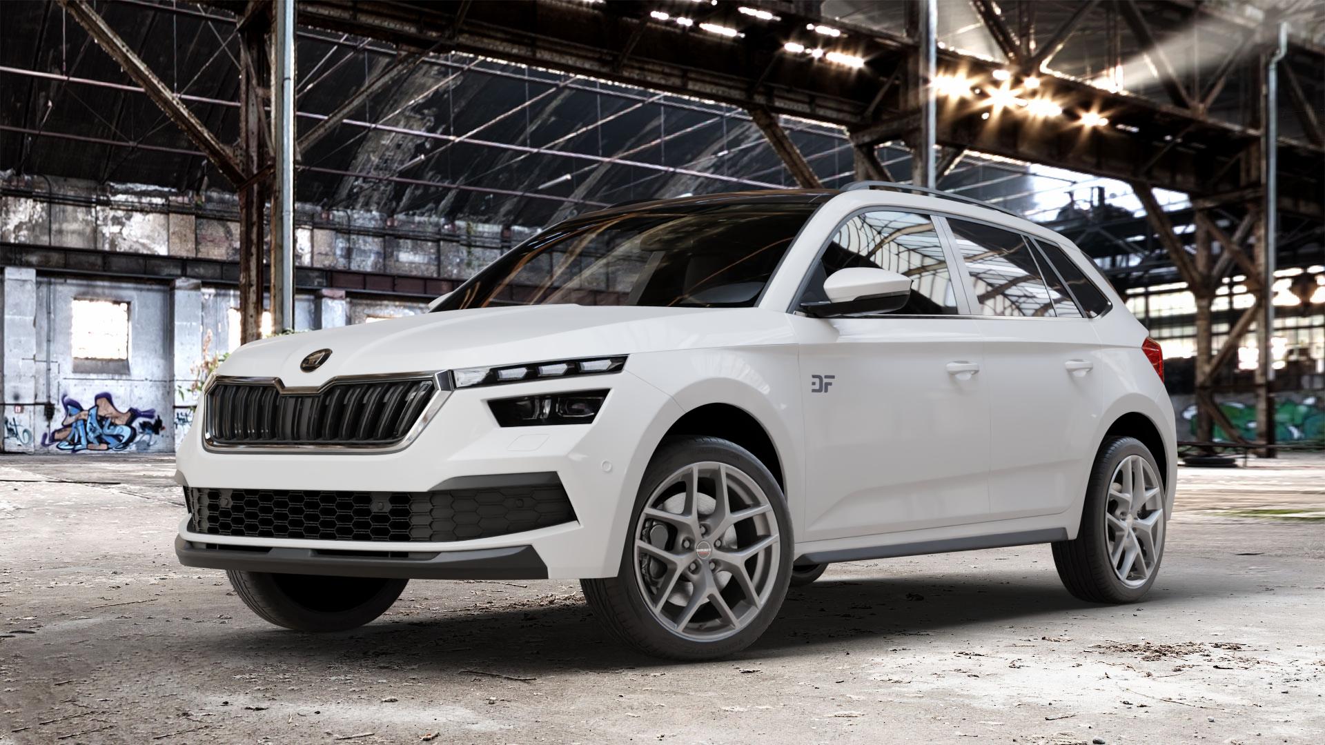 Borbet Y titan matt Felge mit Reifen grau in 18Zoll Winterfelge Alufelge auf weissem Skoda Kamiq Typ NW ⬇️ mit 15mm Tieferlegung ⬇️ Old Industrial Hall_max_4400mm_2024 Frontansicht_1