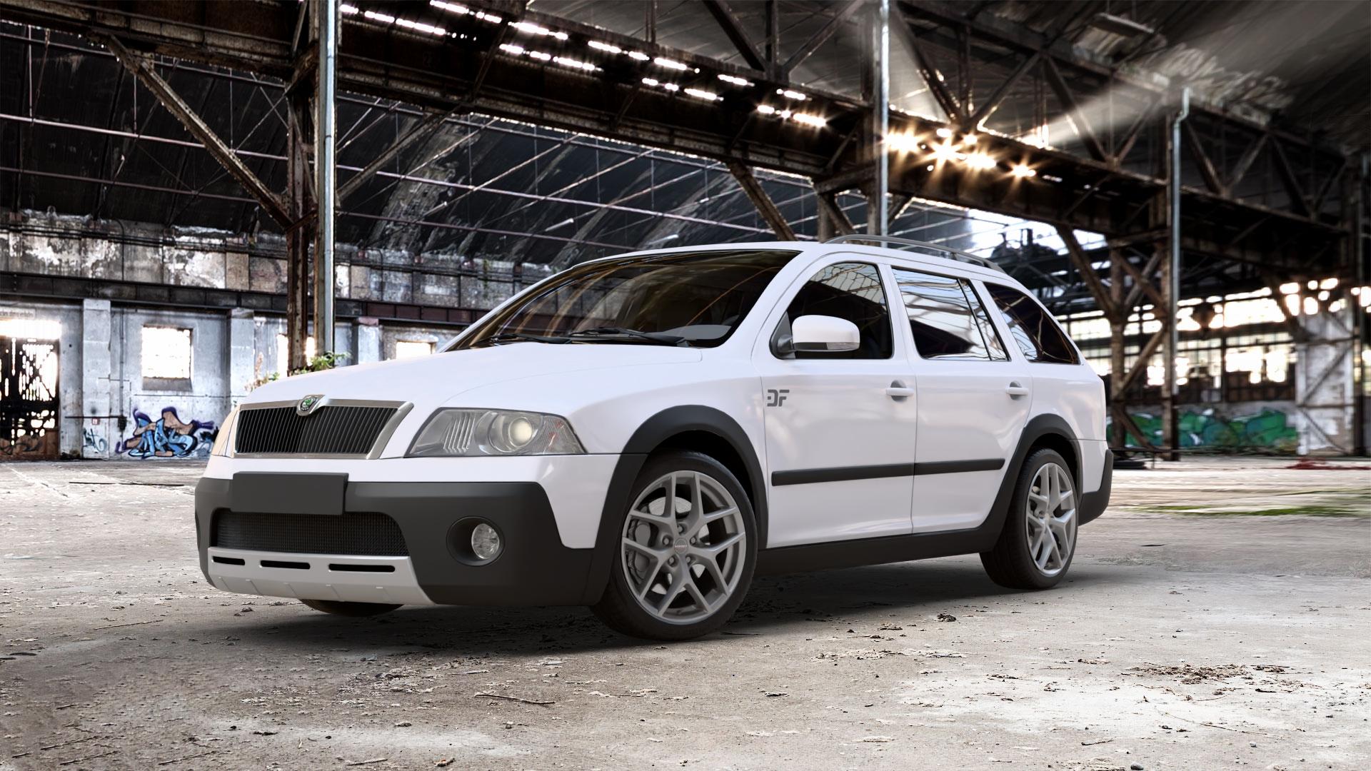 Borbet Y titan matt Felge mit Reifen grau in 18Zoll Winterfelge Alufelge auf weissem Skoda Octavia II Scout Typ 1Z ⬇️ mit 15mm Tieferlegung ⬇️ Old Industrial Hall_max_5300mm_2024 Frontansicht_1
