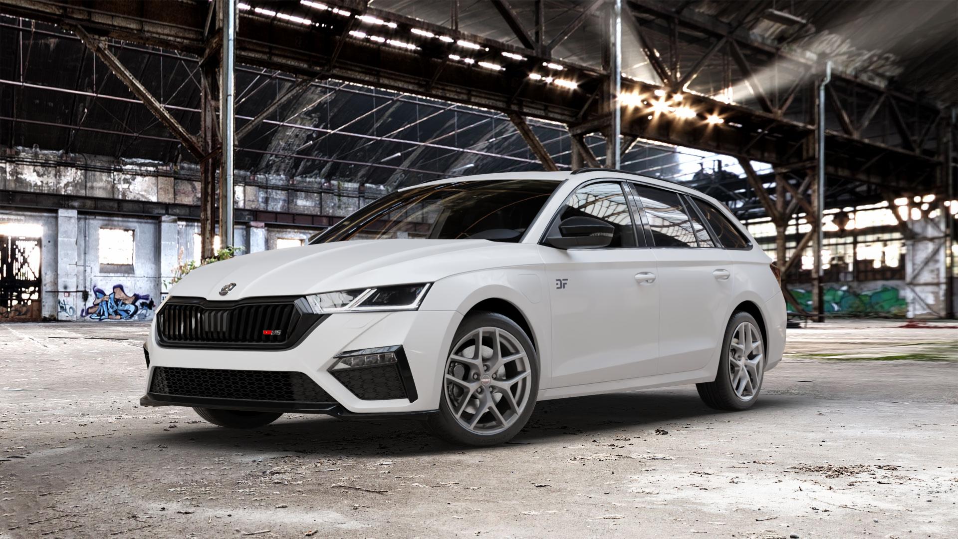 Borbet Y titan matt Felge mit Reifen grau in 18Zoll Winterfelge Alufelge auf weissem Skoda Octavia IV Kombi Typ NX 2,0l TDI 4x4 147kW (200 PS) 1,4l TSI 110kW Hybrid RS (150 180kW (245 ⬇️ mit 15mm Tieferlegung ⬇️ Old Industrial Hall_max_5300mm_2024 Frontansicht_1