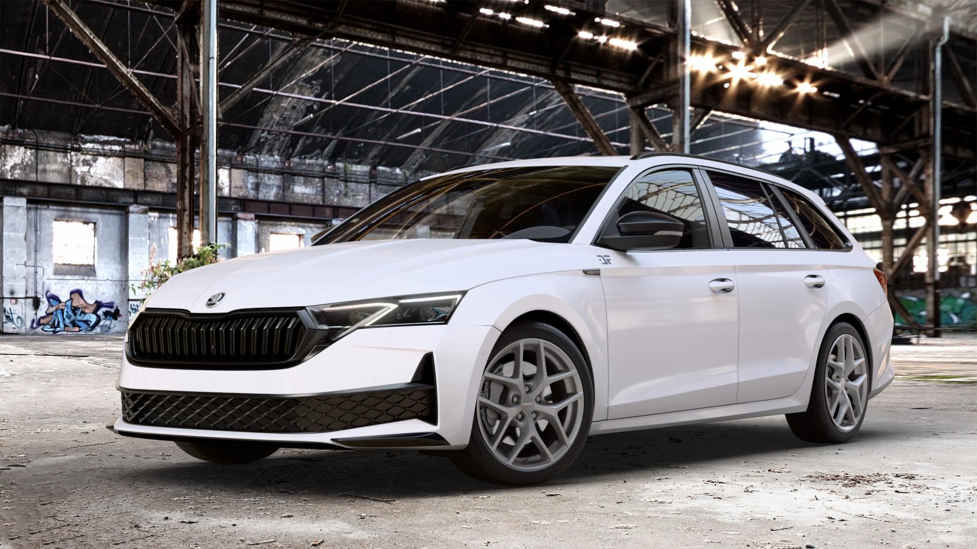Borbet Y titan matt Felge mit Reifen grau in 18Zoll Winterfelge Alufelge auf weissem Skoda Octavia IV Kombi Typ NX Facelift 1,5l TSI 85kW (116 PS) Mild-Hybrid 110kW (150 2,0l TDI ⬇️ mit 15mm Tieferlegung ⬇️ Old Industrial Hall_max_4400mm_2024 Frontansicht_1