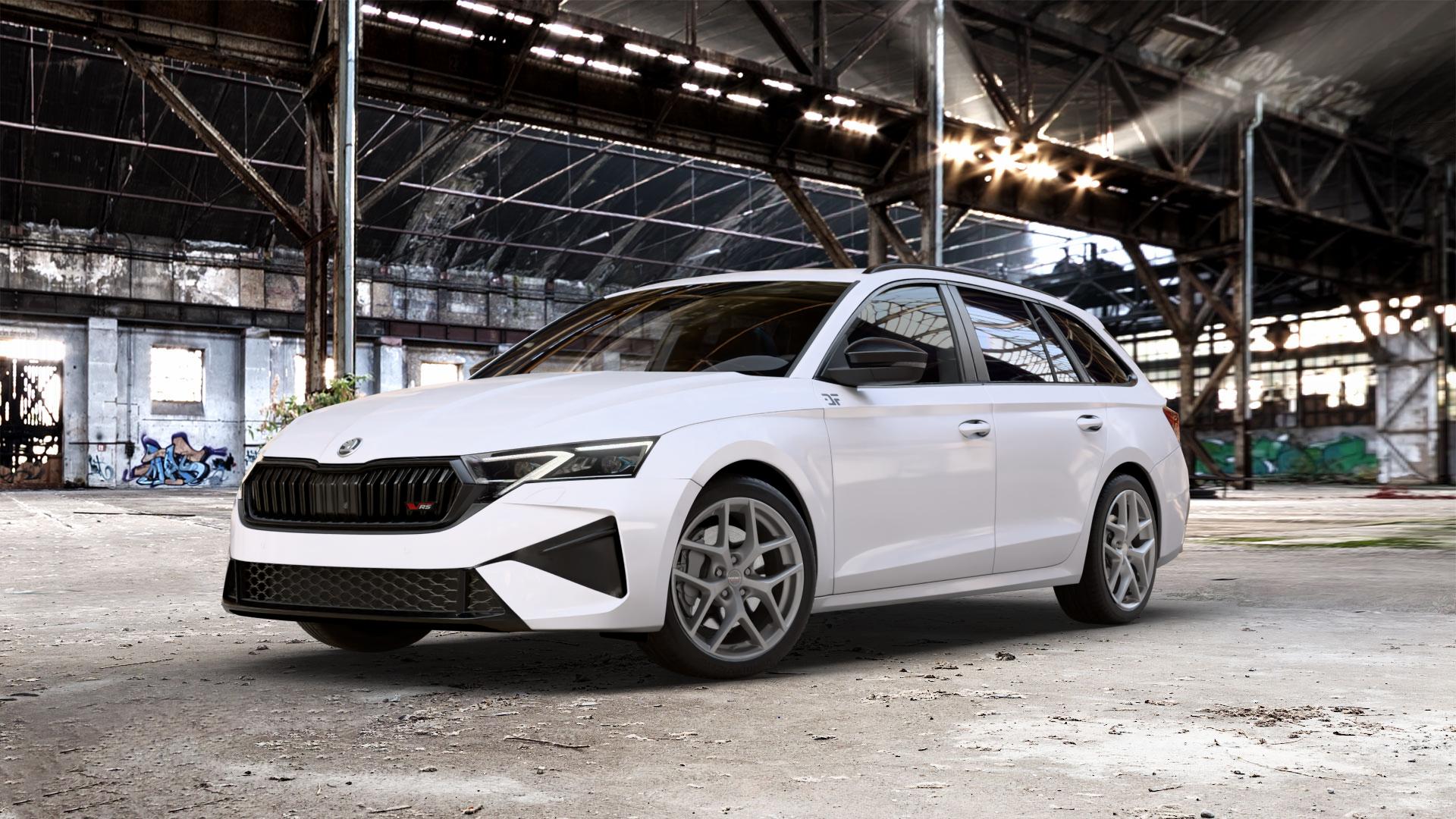 Borbet Y titan matt Felge mit Reifen grau in 18Zoll Winterfelge Alufelge auf weissem Skoda Octavia IV Kombi Typ NX Facelift 2,0l TSI 195kW RS (265 PS) ⬇️ mit 15mm Tieferlegung ⬇️ Old Industrial Hall_max_5300mm_2024 Frontansicht_1