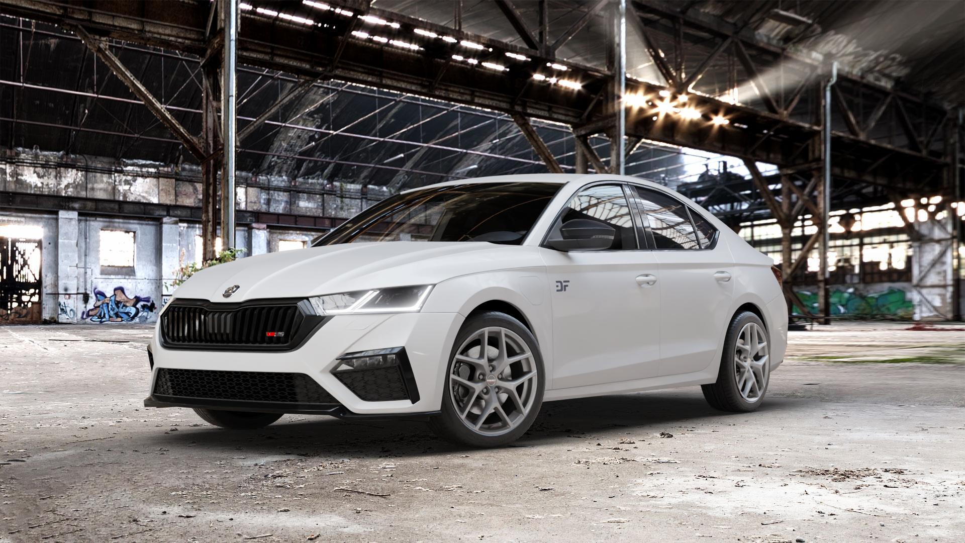 Borbet Y titan matt Felge mit Reifen grau in 18Zoll Winterfelge Alufelge auf weissem Skoda Octavia IV Limousine Typ NX 2,0l TDI 4x4 147kW (200 PS) TSI 180kW RS (245 1,4l 110kW Hybrid (150 ⬇️ mit 15mm Tieferlegung ⬇️ Old Industrial Hall_max_5300mm_2024 Frontansicht_1
