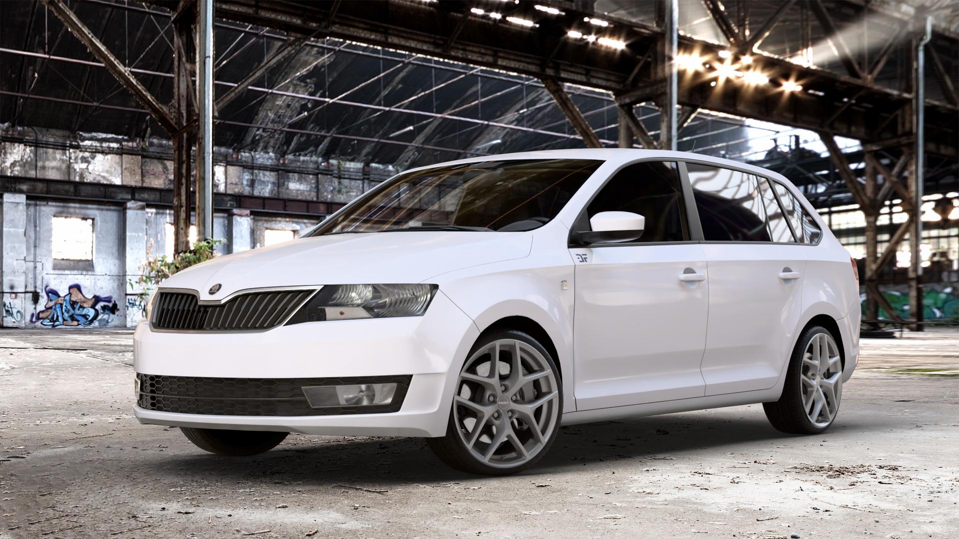 Borbet Y titan matt Felge mit Reifen grau in 18Zoll Winterfelge Alufelge auf weissem Skoda Rapid Spaceback Typ NH ⬇️ mit 15mm Tieferlegung ⬇️ Old Industrial Hall_max_4400mm_2024 Frontansicht_1