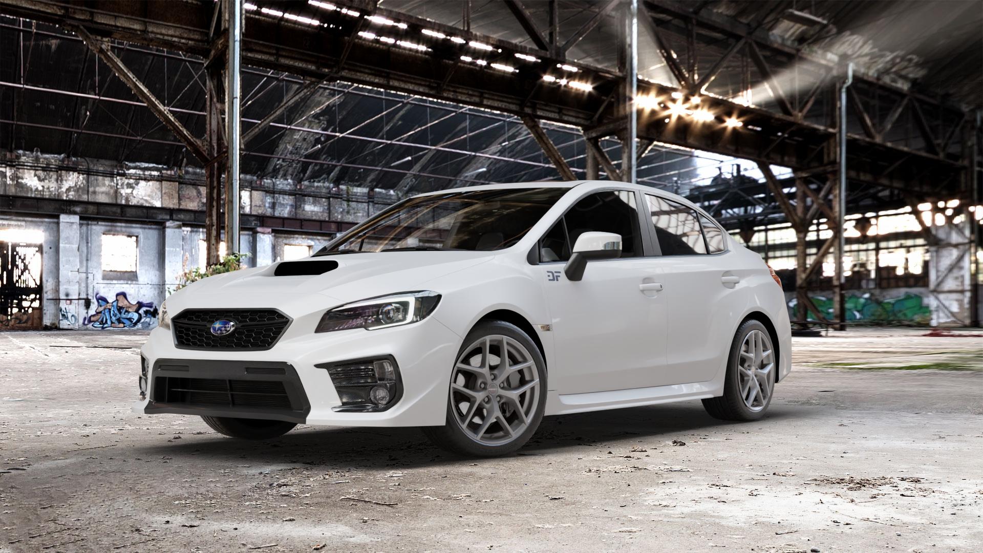 Borbet Y titan matt Felge mit Reifen grau in 18Zoll Winterfelge Alufelge auf weissem Subaru WRX Typ V1 Model 2018 ⬇️ mit 15mm Tieferlegung ⬇️ Old Industrial Hall_max_5300mm_2024 Frontansicht_1
