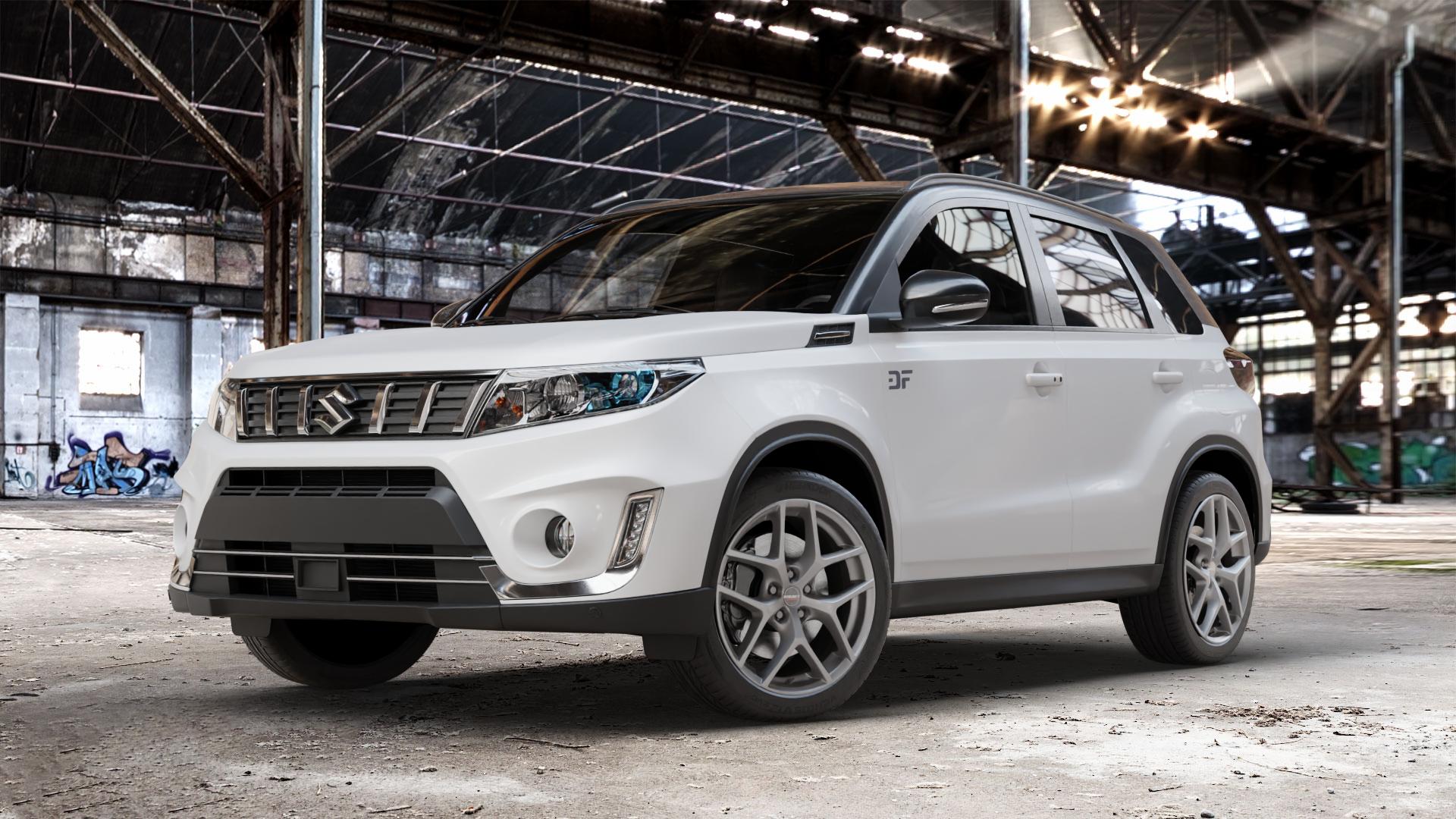 Borbet Y titan matt Felge mit Reifen grau in 18Zoll Winterfelge Alufelge auf weissem Suzuki Vitara Typ LY 1,4l Turbo 103kW (140 PS) 4WD l kW (0 ⬇️ mit 15mm Tieferlegung ⬇️ Old Industrial Hall_max_4400mm_2024 Frontansicht_1