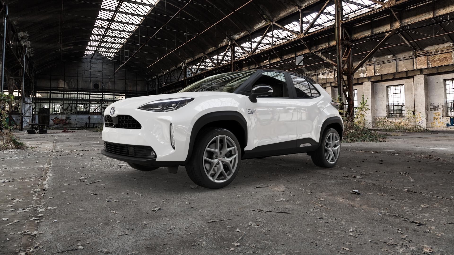 Borbet Y titan matt Felge mit Reifen grau in 18Zoll Winterfelge Alufelge auf weissem Toyota Yaris Cross Typ XPB1F(M) IV XPB1F XPB1F(EUM)-TGRE ⬇️ mit 15mm Tieferlegung ⬇️ Old Industrial Hall_max5000mm_2022 Frontansicht_1