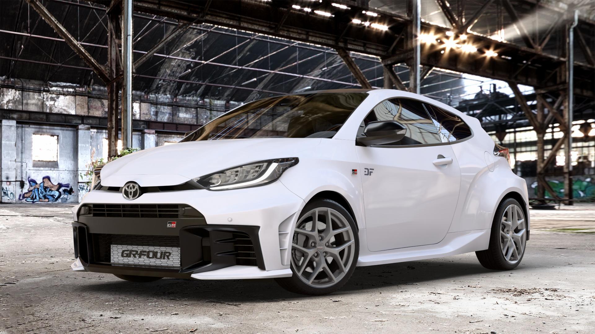 Borbet Y titan matt Felge mit Reifen grau in 18Zoll Winterfelge Alufelge auf weissem Toyota Yaris IV GR Typ XPA1G(EU,M) Facelift ⬇️ mit 15mm Tieferlegung ⬇️ Old Industrial Hall_max_4400mm_2024 Frontansicht_1
