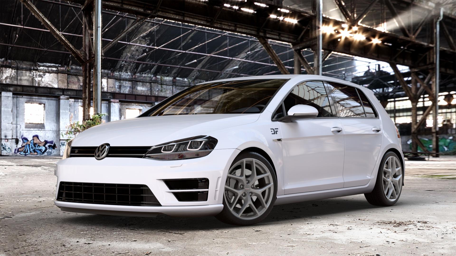 Borbet Y titan matt Felge mit Reifen grau in 18Zoll Winterfelge Alufelge auf weissem Volkswagen (VW) Golf 7 2,0l R 4motion 221kW (300 PS) ⬇️ mit 15mm Tieferlegung ⬇️ Old Industrial Hall_max_4400mm_2024 Frontansicht_1