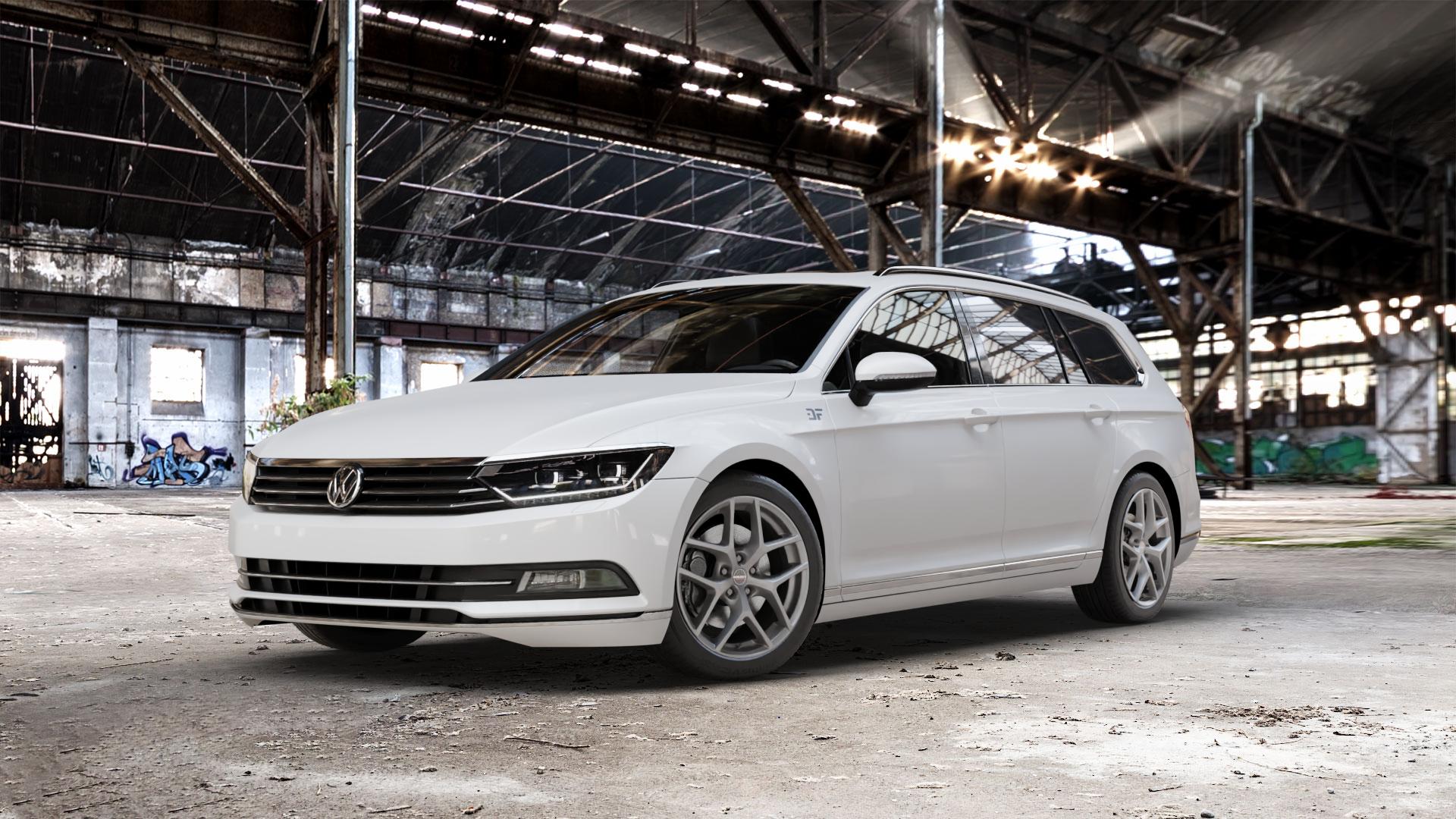Borbet Y titan matt Felge mit Reifen grau in 18Zoll Winterfelge Alufelge auf weissem Volkswagen (VW) Passat 3C/B8 Limousine Variant ⬇️ mit 15mm Tieferlegung ⬇️ Old Industrial Hall_max_5300mm_2024 Frontansicht_1