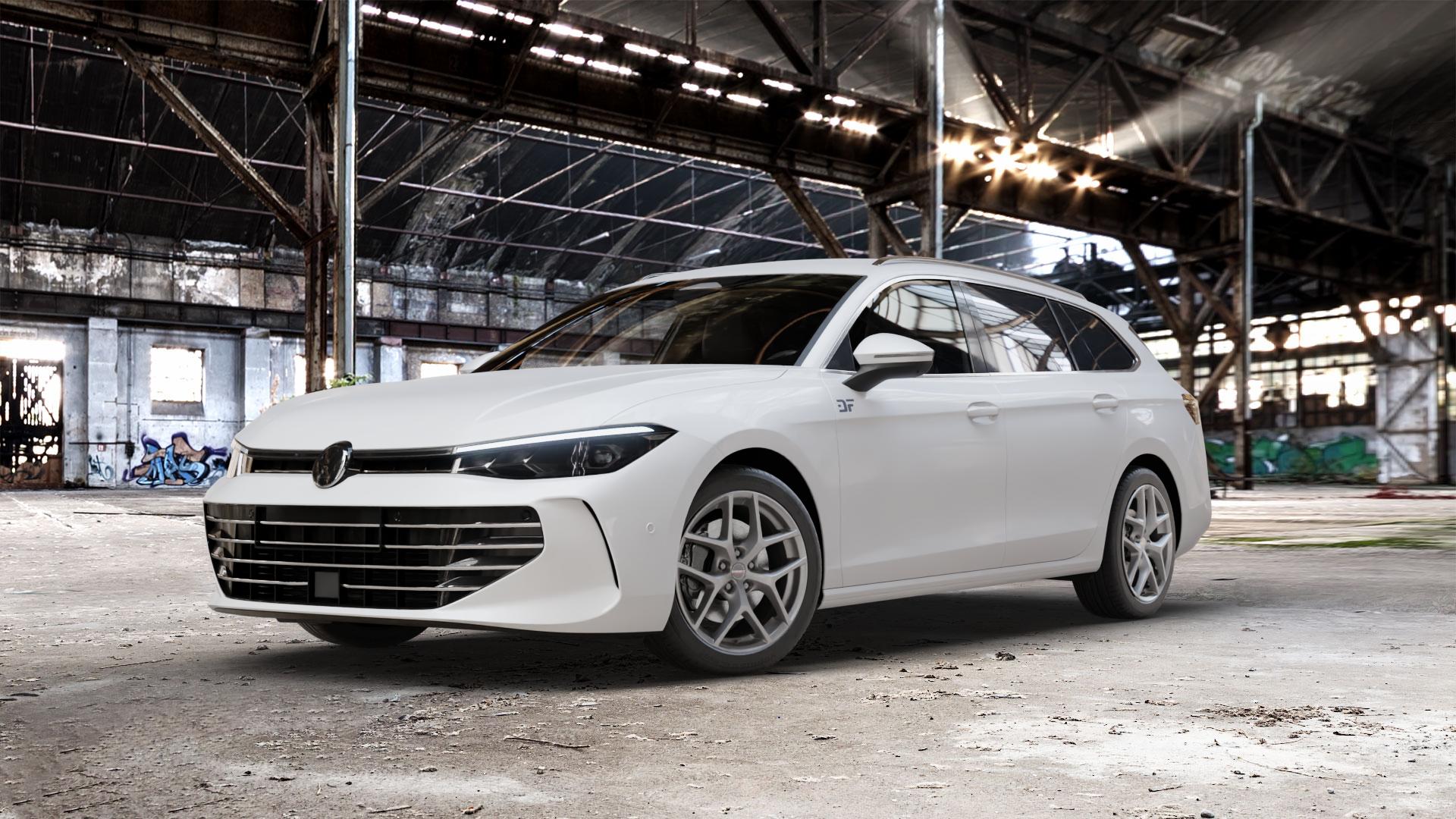 Borbet Y titan matt Felge mit Reifen grau in 18Zoll Winterfelge Alufelge auf weissem Volkswagen (VW) Passat CJ/B9 Variant ⬇️ mit 15mm Tieferlegung ⬇️ Old Industrial Hall_max_5300mm_2024 Frontansicht_1