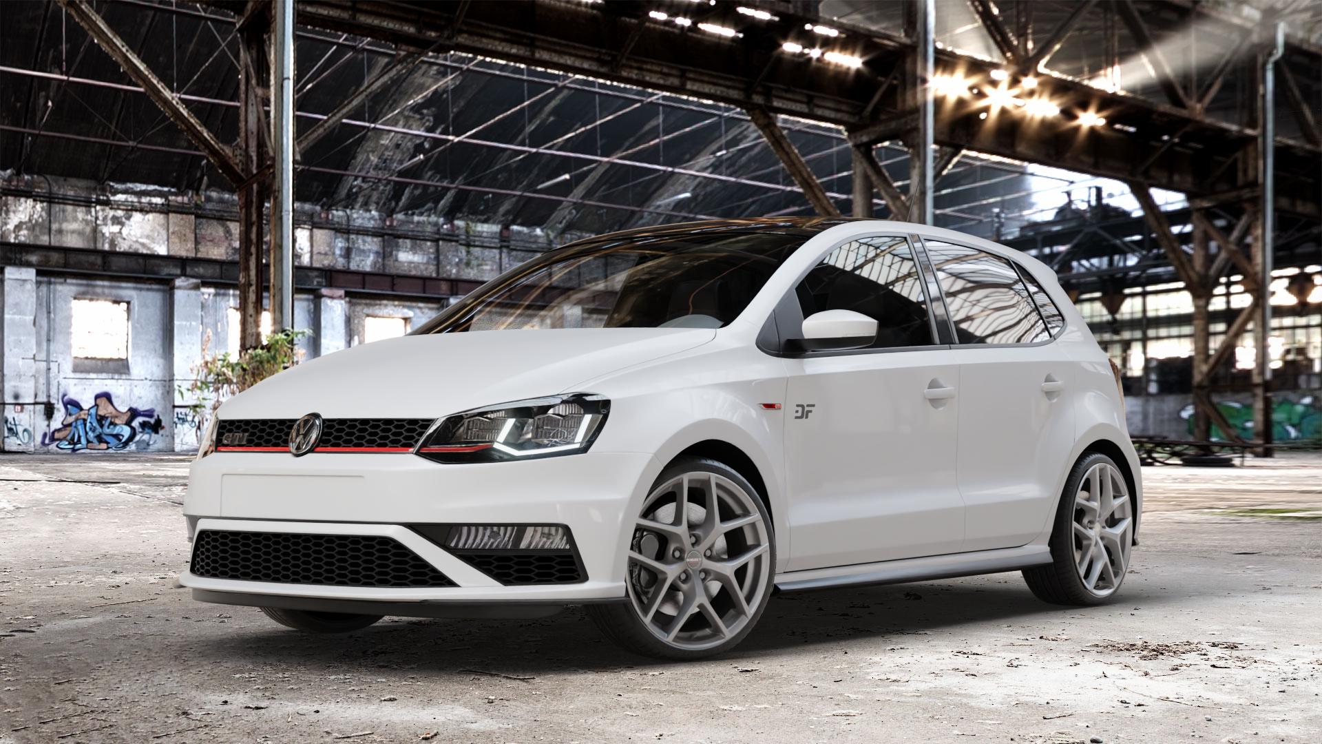 Borbet Y titan matt Felge mit Reifen grau in 18Zoll Winterfelge Alufelge auf weissem Volkswagen (VW) Polo V Typ 6C 1,8l GTI 141kW (192 PS) ⬇️ mit 15mm Tieferlegung ⬇️ Old Industrial Hall_max_4400mm_2024 Frontansicht_1