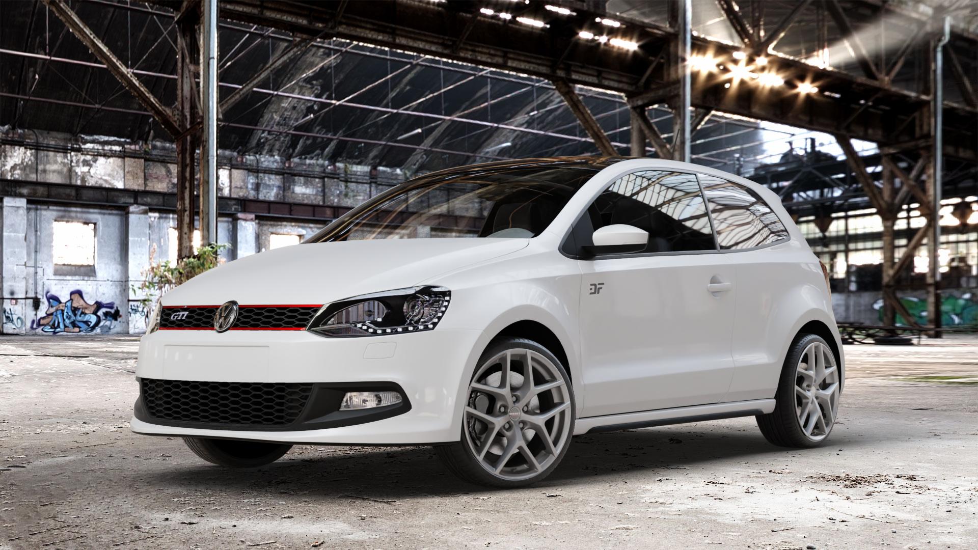 Borbet Y titan matt Felge mit Reifen grau in 18Zoll Winterfelge Alufelge auf weissem Volkswagen (VW) Polo V Typ 6R 1,4l TSI GTI 132kW (179 PS) ⬇️ mit 15mm Tieferlegung ⬇️ Old Industrial Hall_max_4400mm_2024 Frontansicht_1