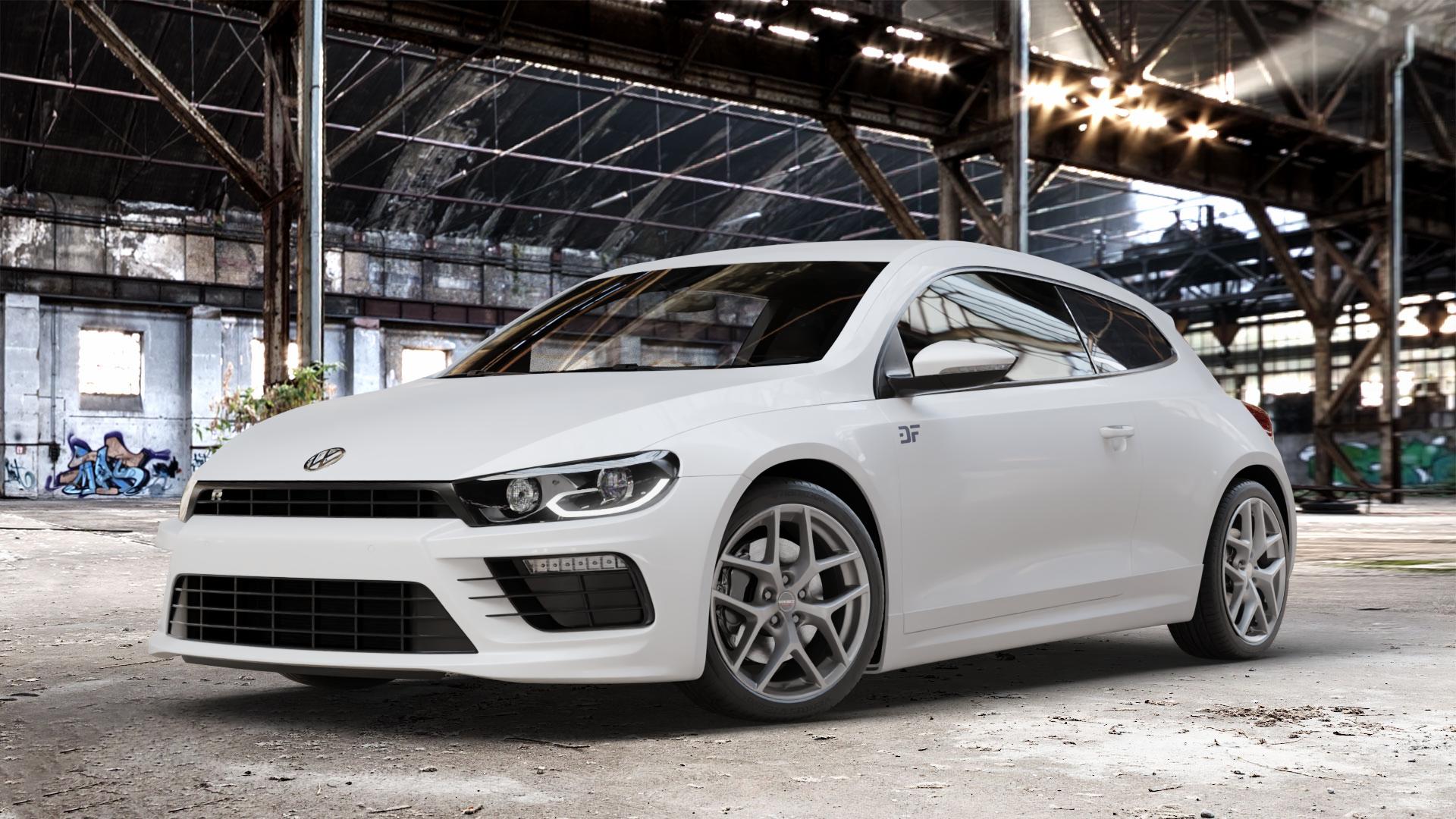 Borbet Y titan matt Felge mit Reifen grau in 18Zoll Winterfelge Alufelge auf weissem Volkswagen (VW) Scirocco III Typ 13 Facelift ⬇️ mit 15mm Tieferlegung ⬇️ Old Industrial Hall_max_4400mm_2024 Frontansicht_1