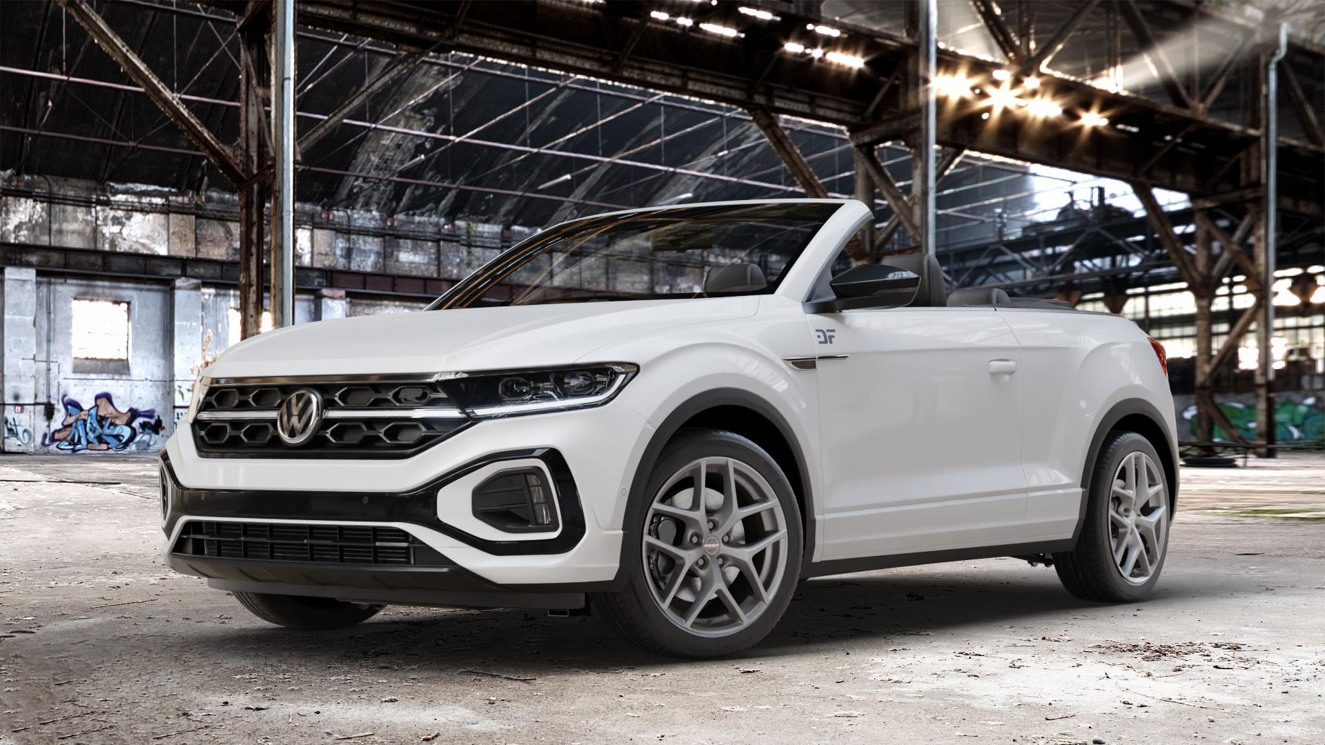 Borbet Y titan matt Felge mit Reifen grau in 18Zoll Winterfelge Alufelge auf weissem Volkswagen (VW) T-Roc Cabrio Facelift ⬇️ mit 15mm Tieferlegung ⬇️ Old Industrial Hall_max_4400mm_2024 Frontansicht_1