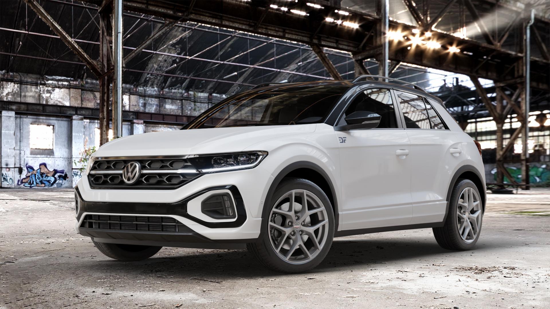 Borbet Y titan matt Felge mit Reifen grau in 18Zoll Winterfelge Alufelge auf weissem Volkswagen (VW) T-Roc Facelift ⬇️ mit 15mm Tieferlegung ⬇️ Old Industrial Hall_max_4400mm_2024 Frontansicht_1
