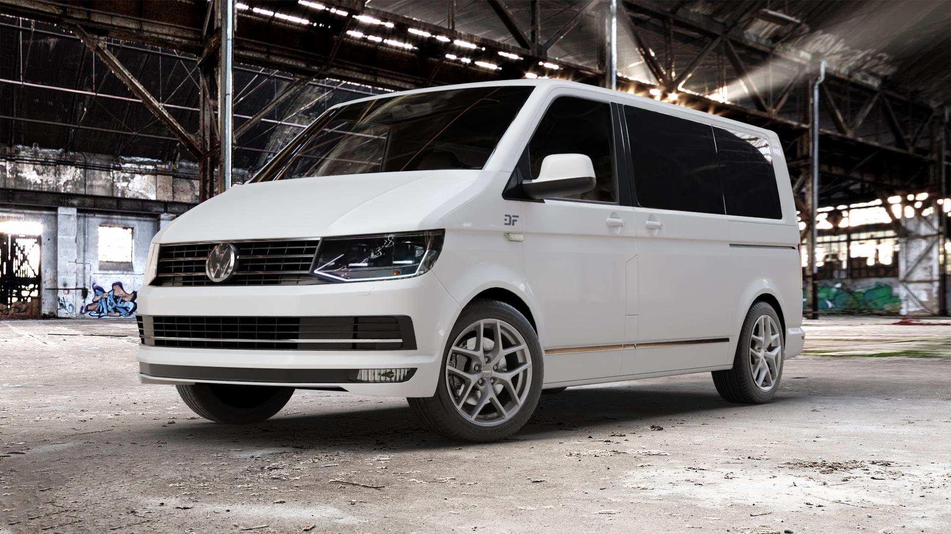 Borbet Y titan matt Felge mit Reifen grau in 18Zoll Winterfelge Alufelge auf weissem Volkswagen (VW) T6 Kombi Multivan Caravelle ⬇️ mit 15mm Tieferlegung ⬇️ Old Industrial Hall_max_5300mm_2024 Frontansicht_1