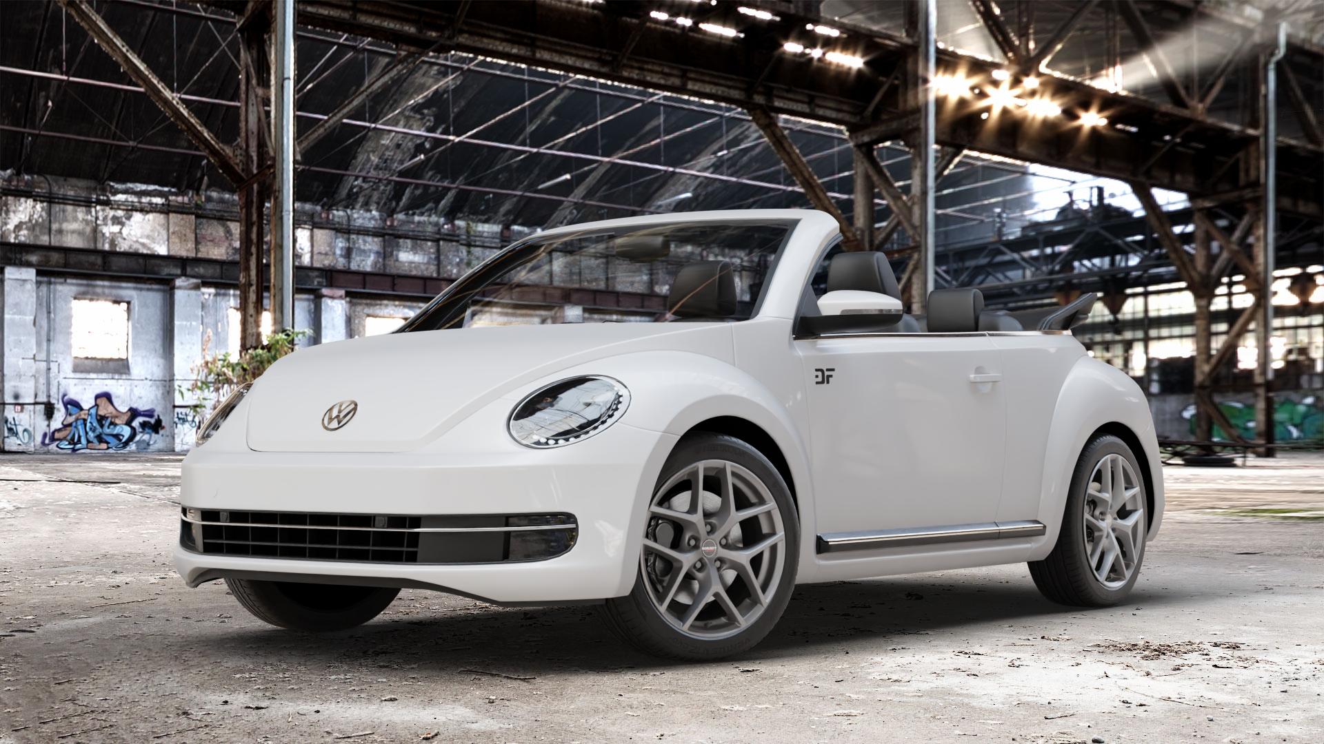 Borbet Y titan matt Felge mit Reifen grau in 18Zoll Winterfelge Alufelge auf weissem Volkswagen (VW) The Beetle Cabrio Typ 16 ⬇️ mit 15mm Tieferlegung ⬇️ Old Industrial Hall_max_4400mm_2024 Frontansicht_1