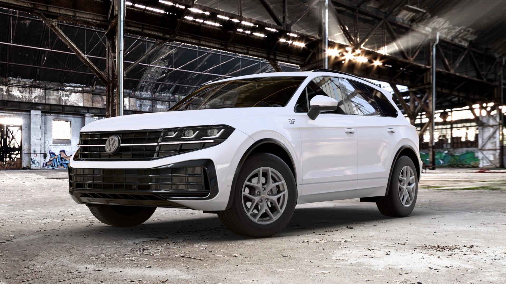 Borbet Y titan matt Felge mit Reifen grau in 18Zoll Winterfelge Alufelge auf weissem Volkswagen (VW) Touareg III Typ CR Facelift ⬇️ mit 15mm Tieferlegung ⬇️ Old Industrial Hall_max_5300mm_2024 Frontansicht_1