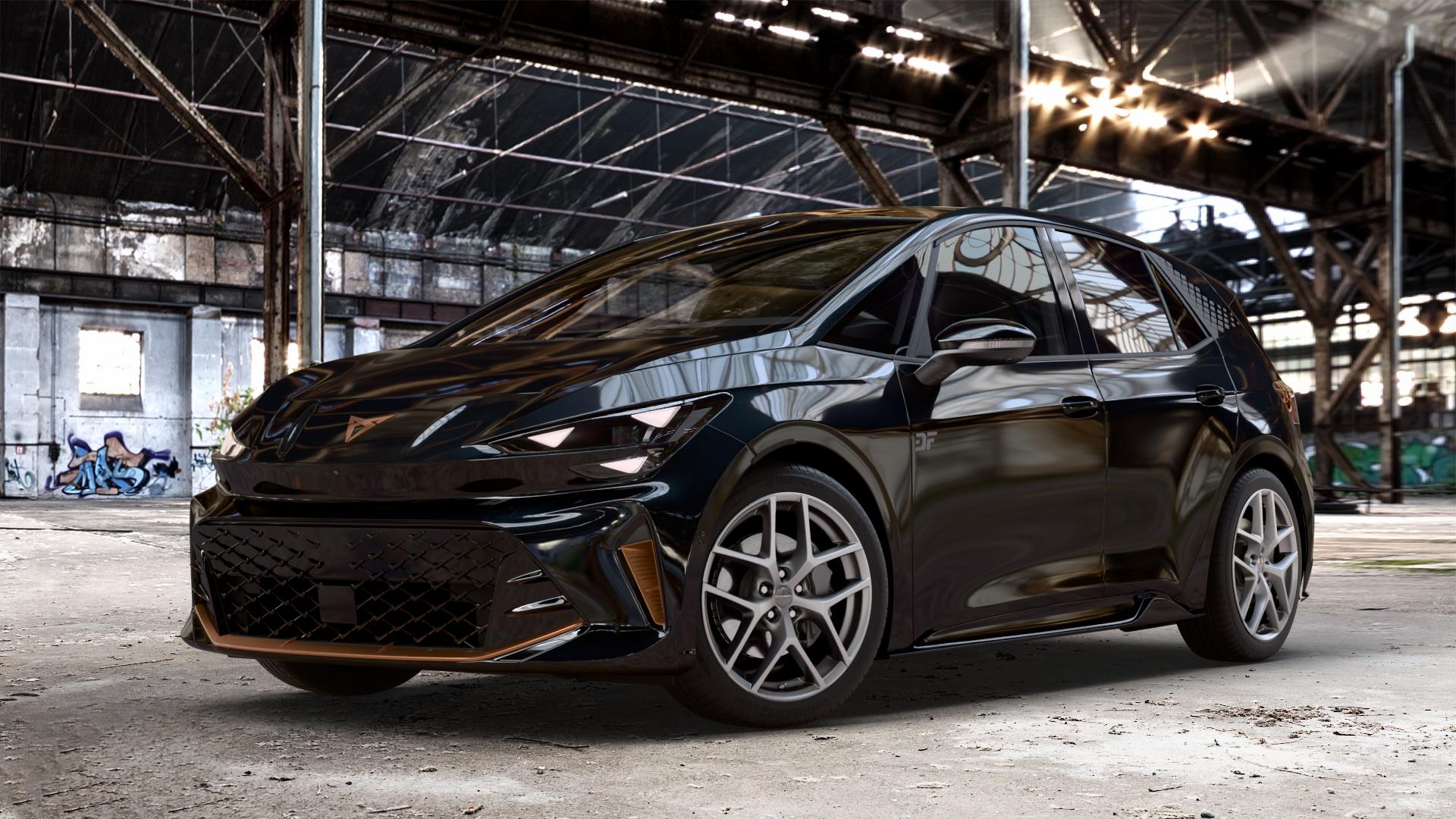 Borbet Y titan matt Felge mit Reifen grau in 19Zoll Winterfelge Alufelge auf metallic schwarzem Cupra Born Facelift Typ K1 ⬇️ mit 15mm Tieferlegung ⬇️ Old Industrial Hall_max_4400mm_2024 Frontansicht_1
