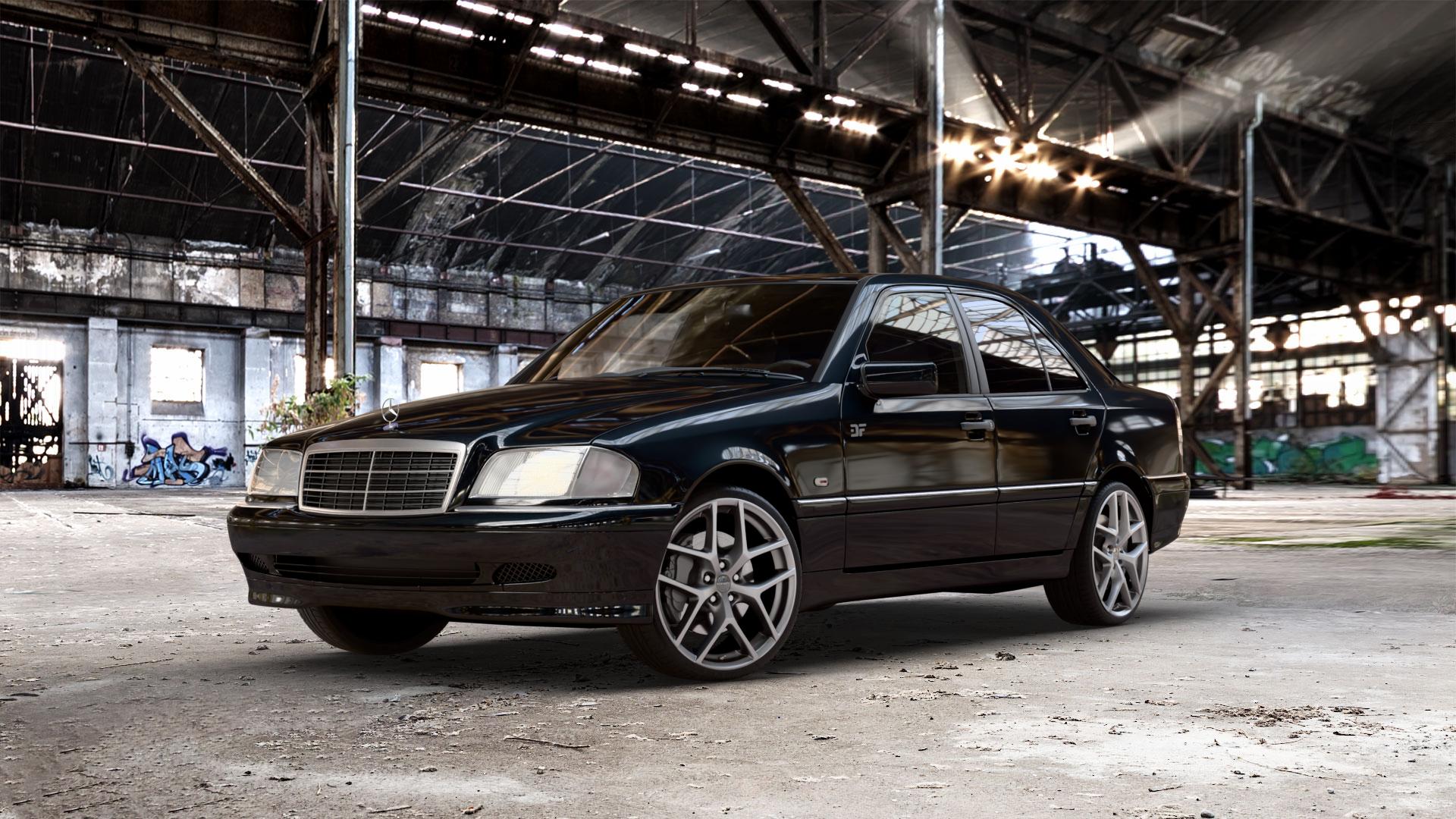 Borbet Y titan matt Felge mit Reifen grau in 19Zoll Winterfelge Alufelge auf metallic schwarzem Mercedes C-Klasse Typ W202 Limousine ⬇️ mit 15mm Tieferlegung ⬇️ Old Industrial Hall_max_5300mm_2024 Frontansicht_1