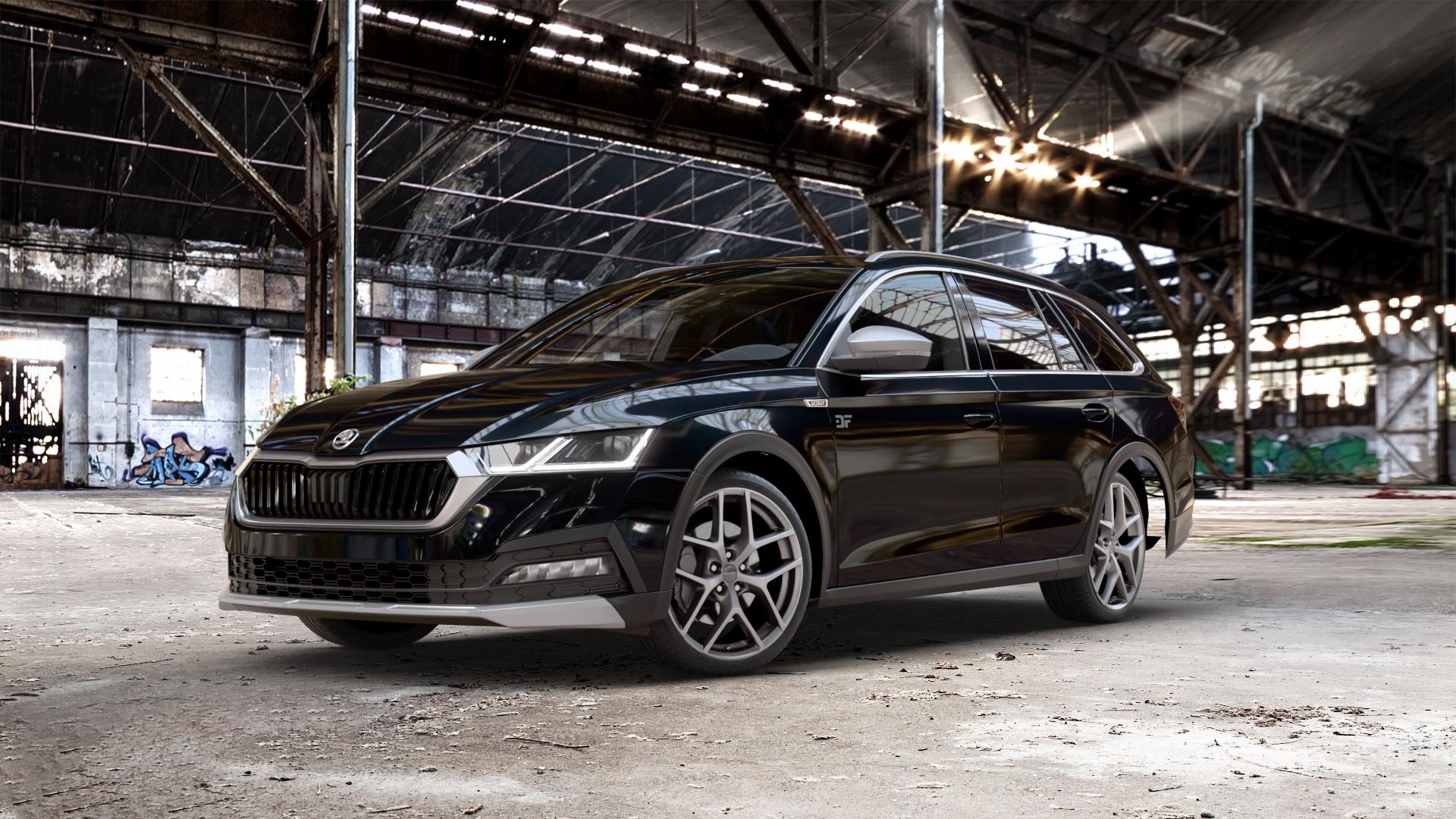 Borbet Y titan matt Felge mit Reifen grau in 19Zoll Winterfelge Alufelge auf schwarzem metallic Skoda Octavia IV Scout Typ NX ⬇️ mit 15mm Tieferlegung ⬇️ Old Industrial Hall_max_5300mm_2024 Frontansicht_1