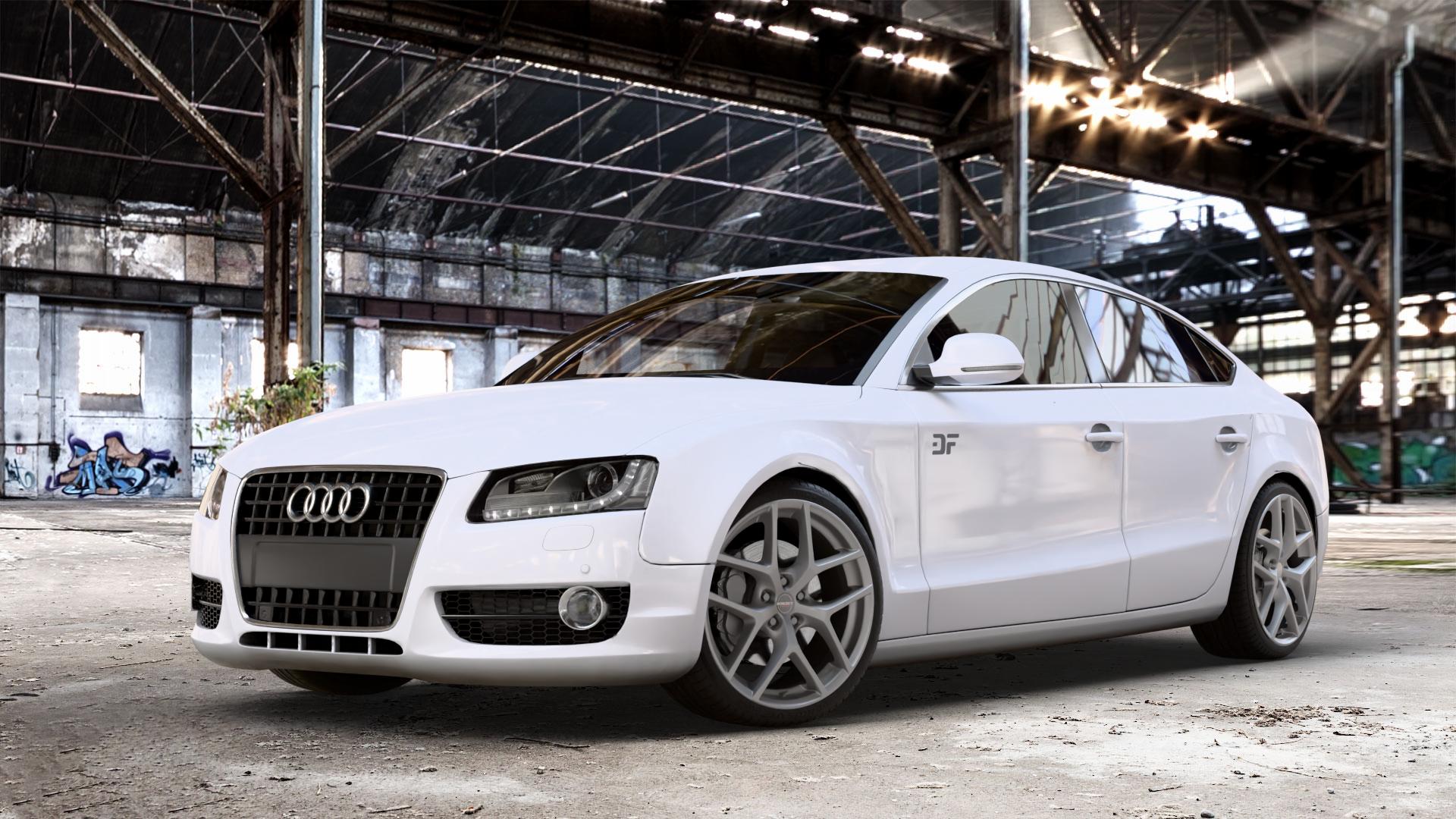 Borbet Y titan matt Felge mit Reifen grau in 19Zoll Winterfelge Alufelge auf weissem Audi A5 Typ B8 (Sportback) ⬇️ mit 15mm Tieferlegung ⬇️ Old Industrial Hall_max_4400mm_2024 Frontansicht_1